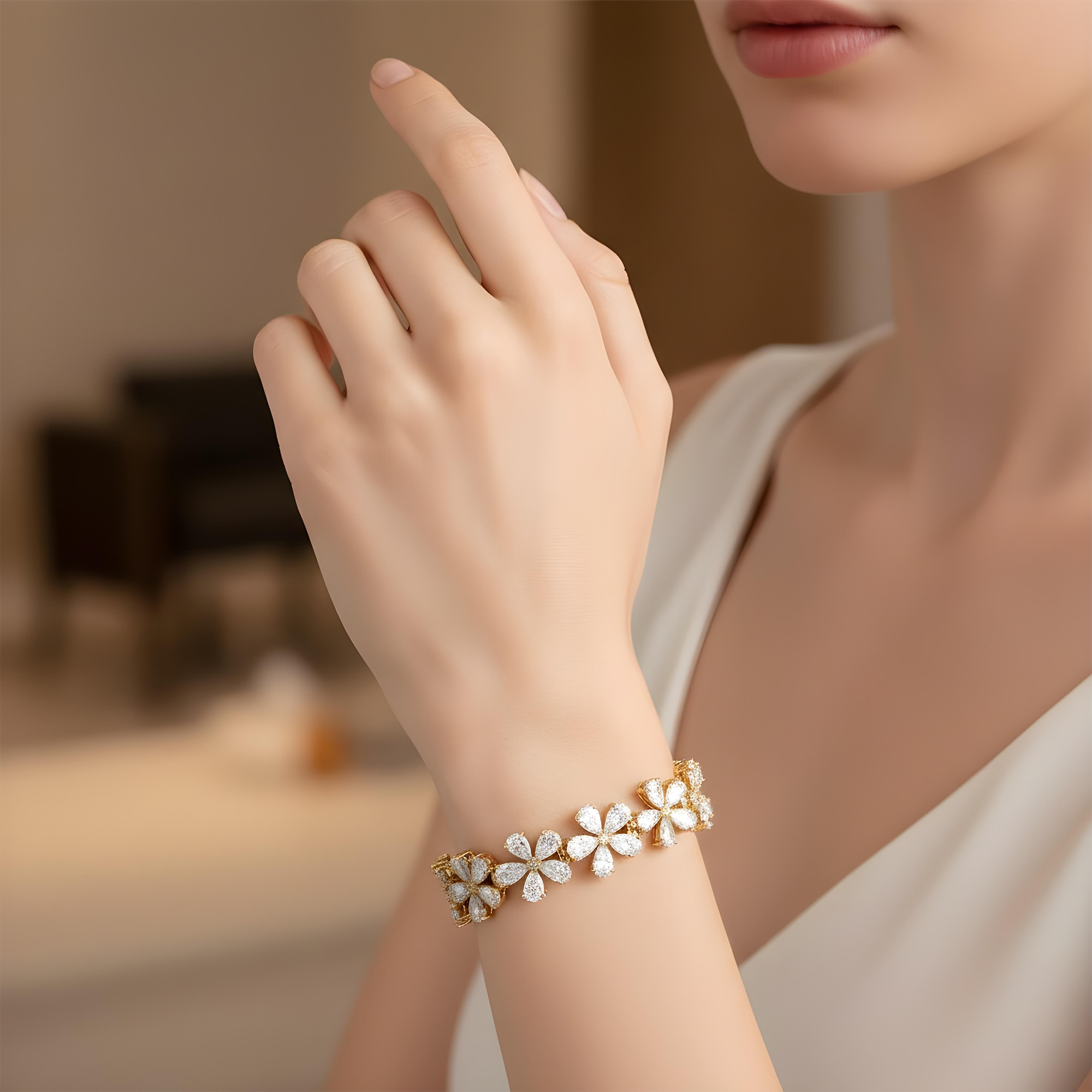 14K White Gold Pear Cut Diamond Full Bloom Flower Bracelet 26.50ct