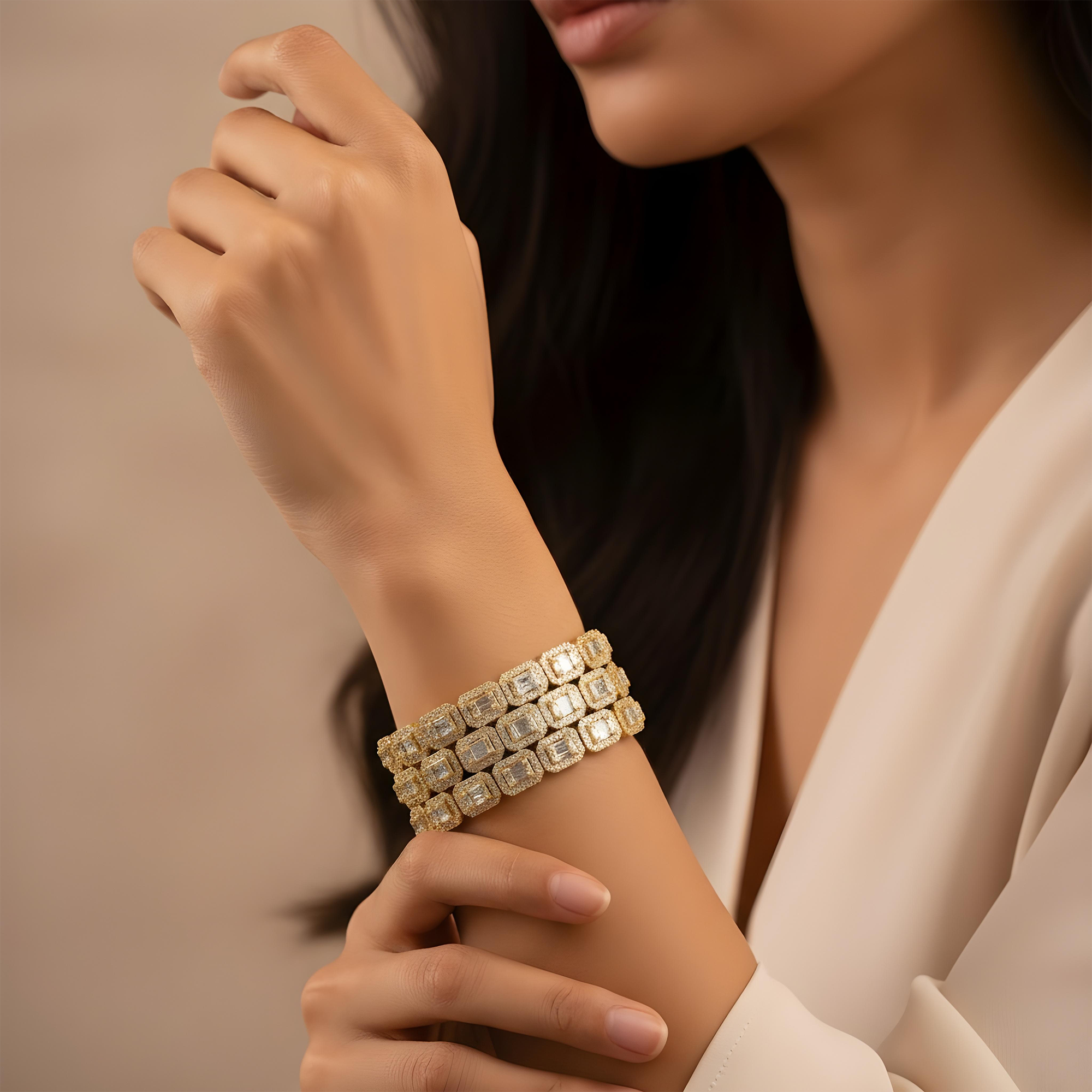 18K White Gold Triple Row Round & Baguette Cut Diamond Bracelet 17.44ct
