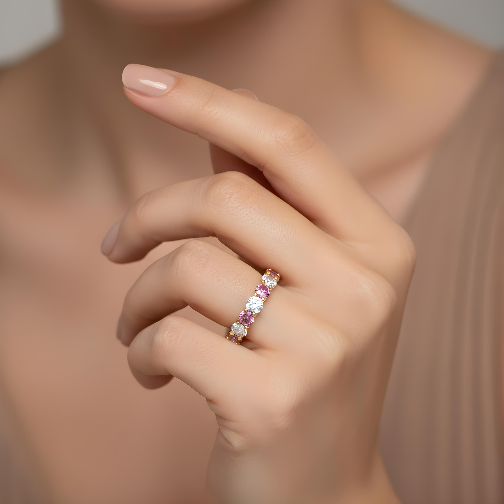 14K White Gold Round Cut Fancy Pink & White Diamond Eternity Ring 4.01ct