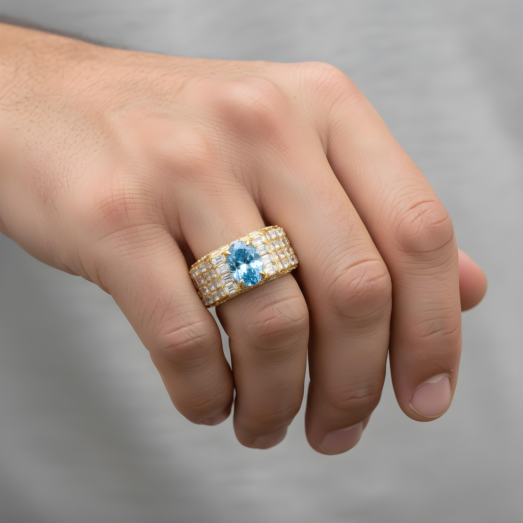 14K Whie Gold Emerald & Oval Cut Fancy Vivid Blue Diamond Ring 16.33ctw