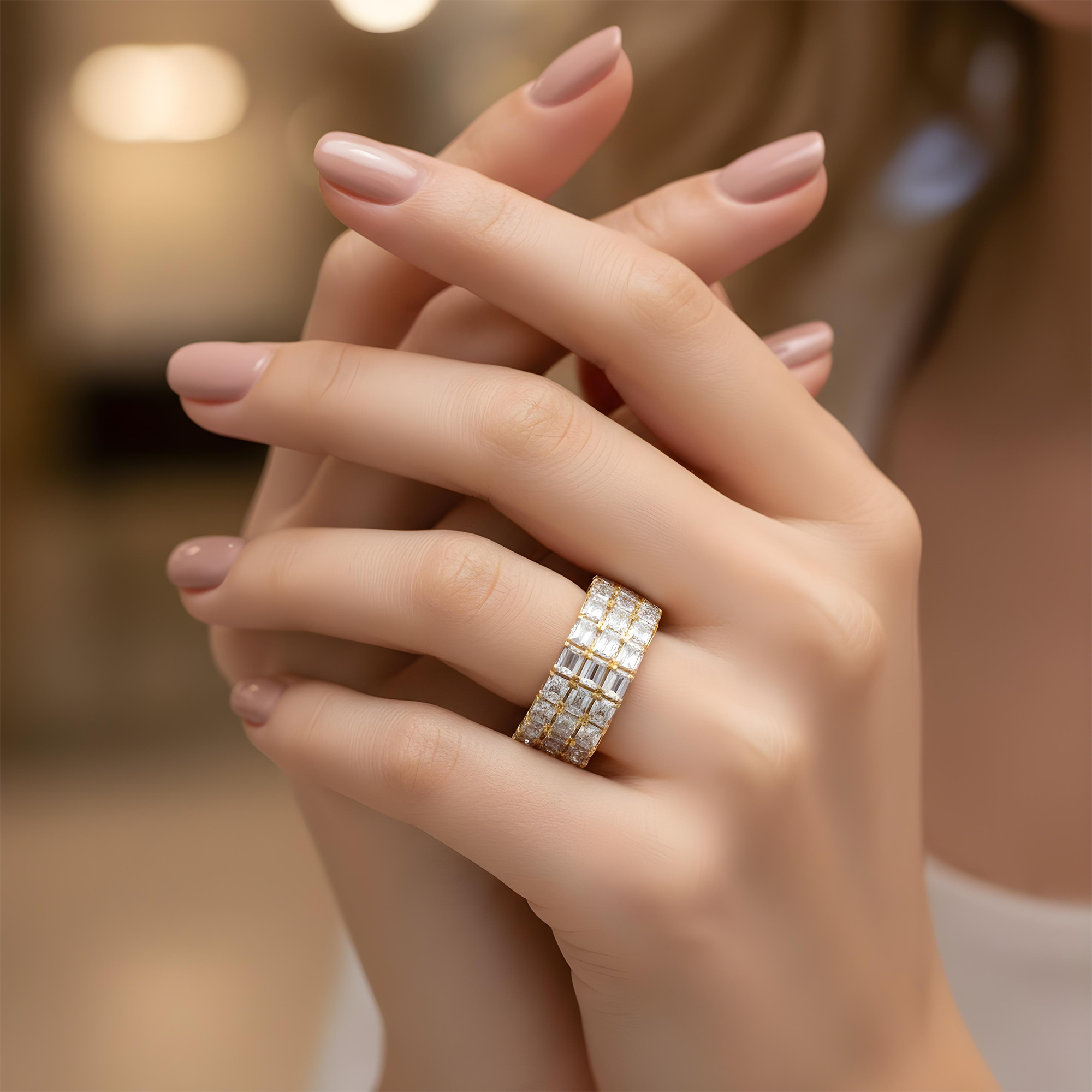 14K White Gold Triple Row Emerald Cut Diamond Eternity Ring 8.61ct (size 9.25)