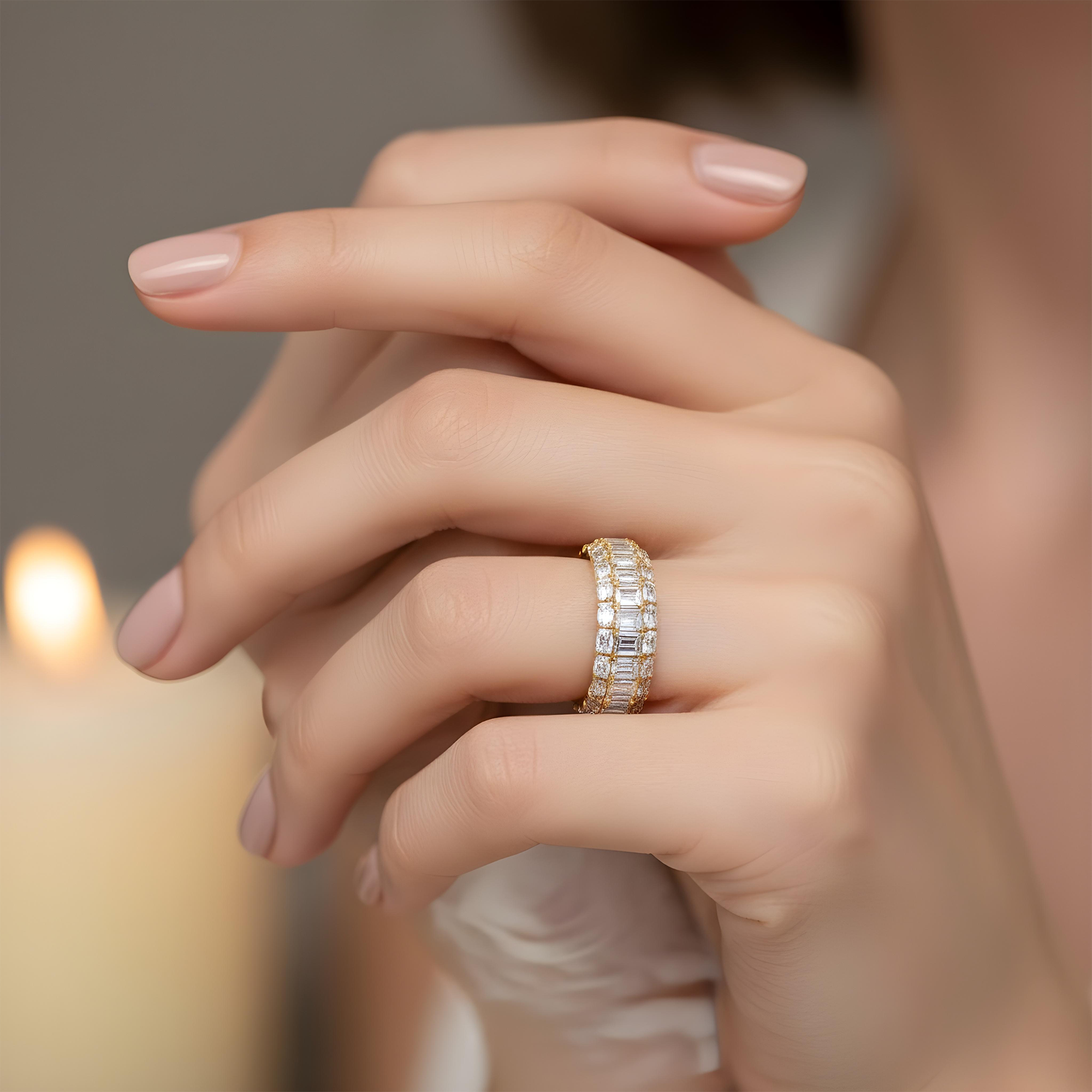 18K White Gold Triple Row Emerald Cut Diamond Ring 6.86ct