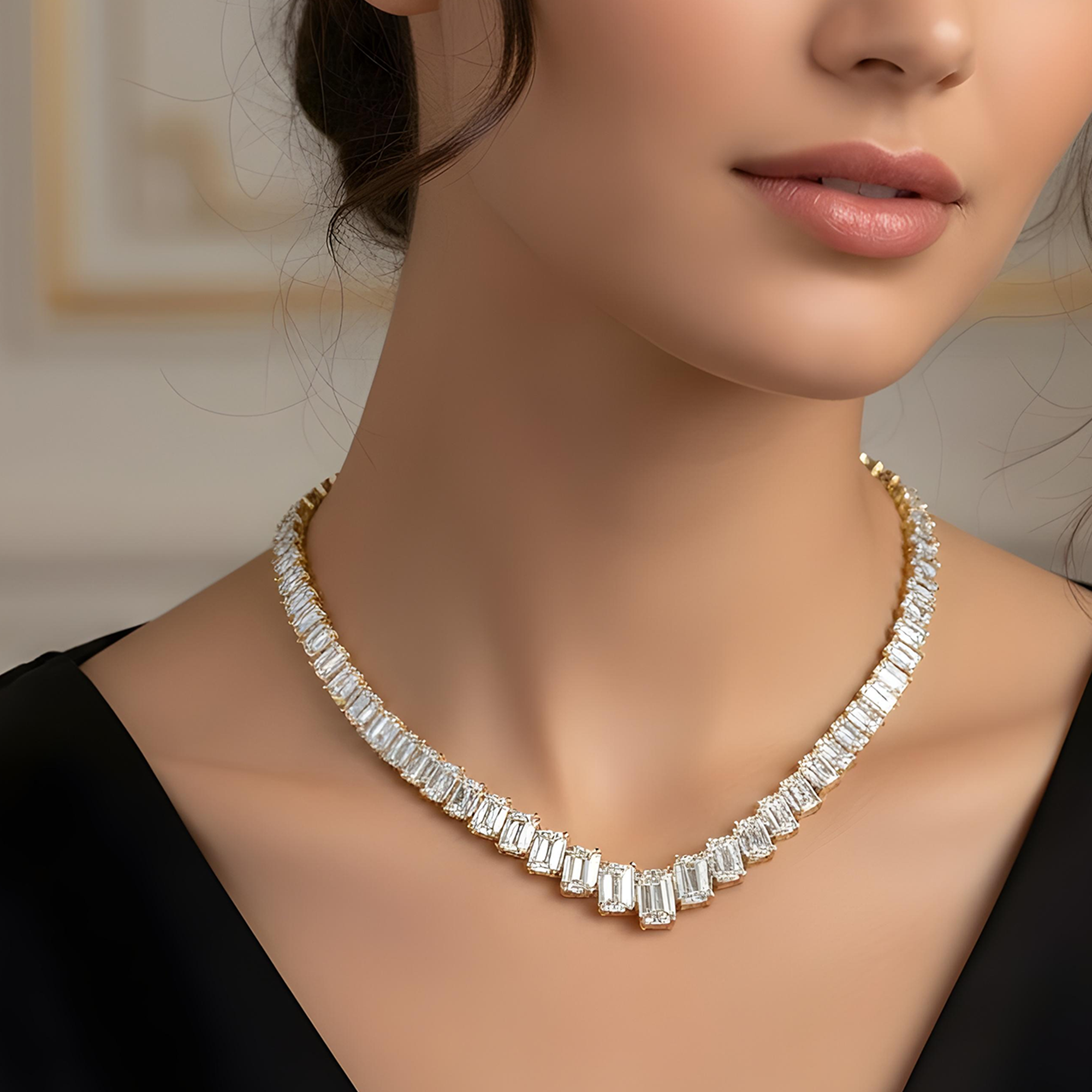 14K White Gold Graduated Emerald Cut Diamond Necklace 60.42ct