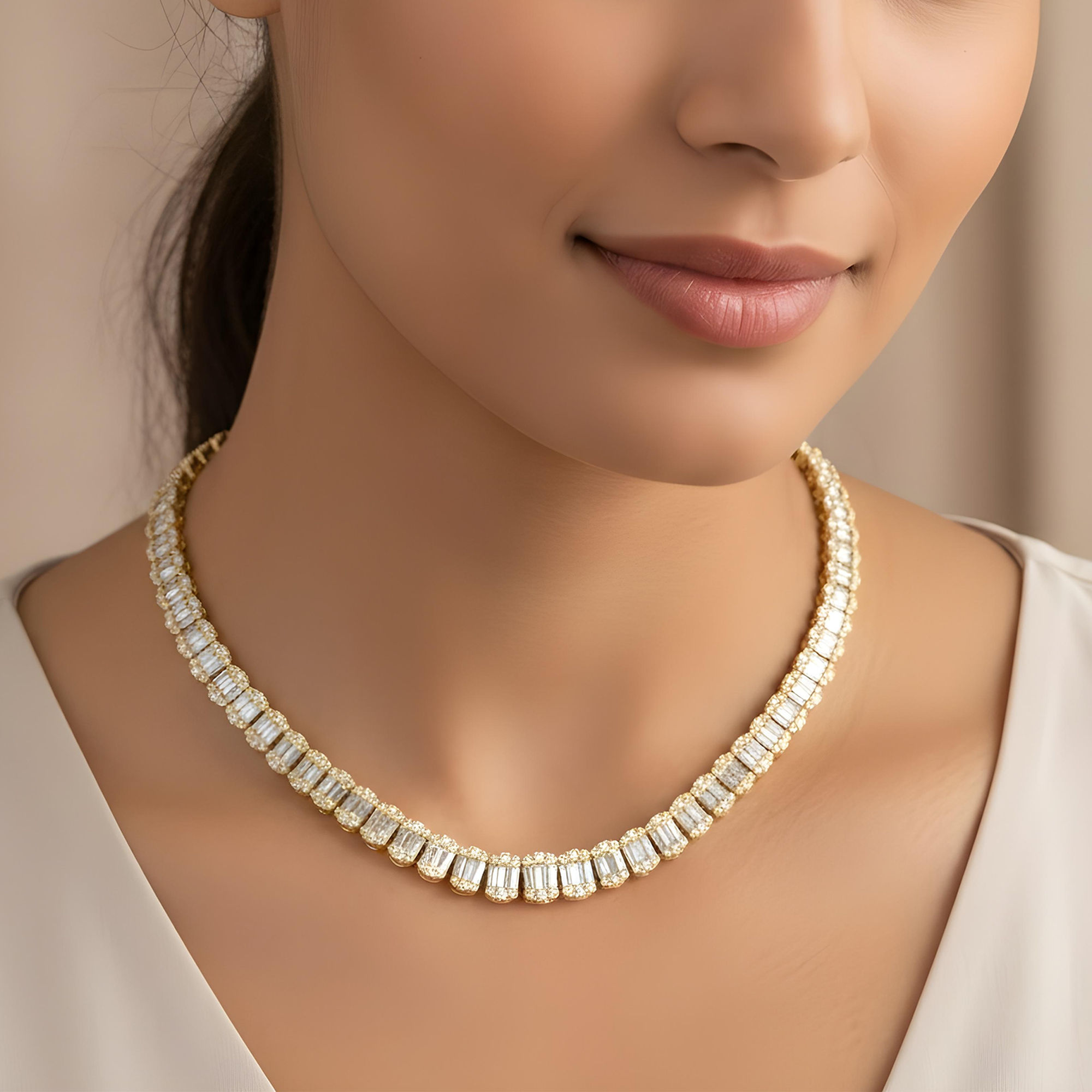 14K White Gold Graduated Round & Baguette Cut Diamond Tennis Chain 23.70ct