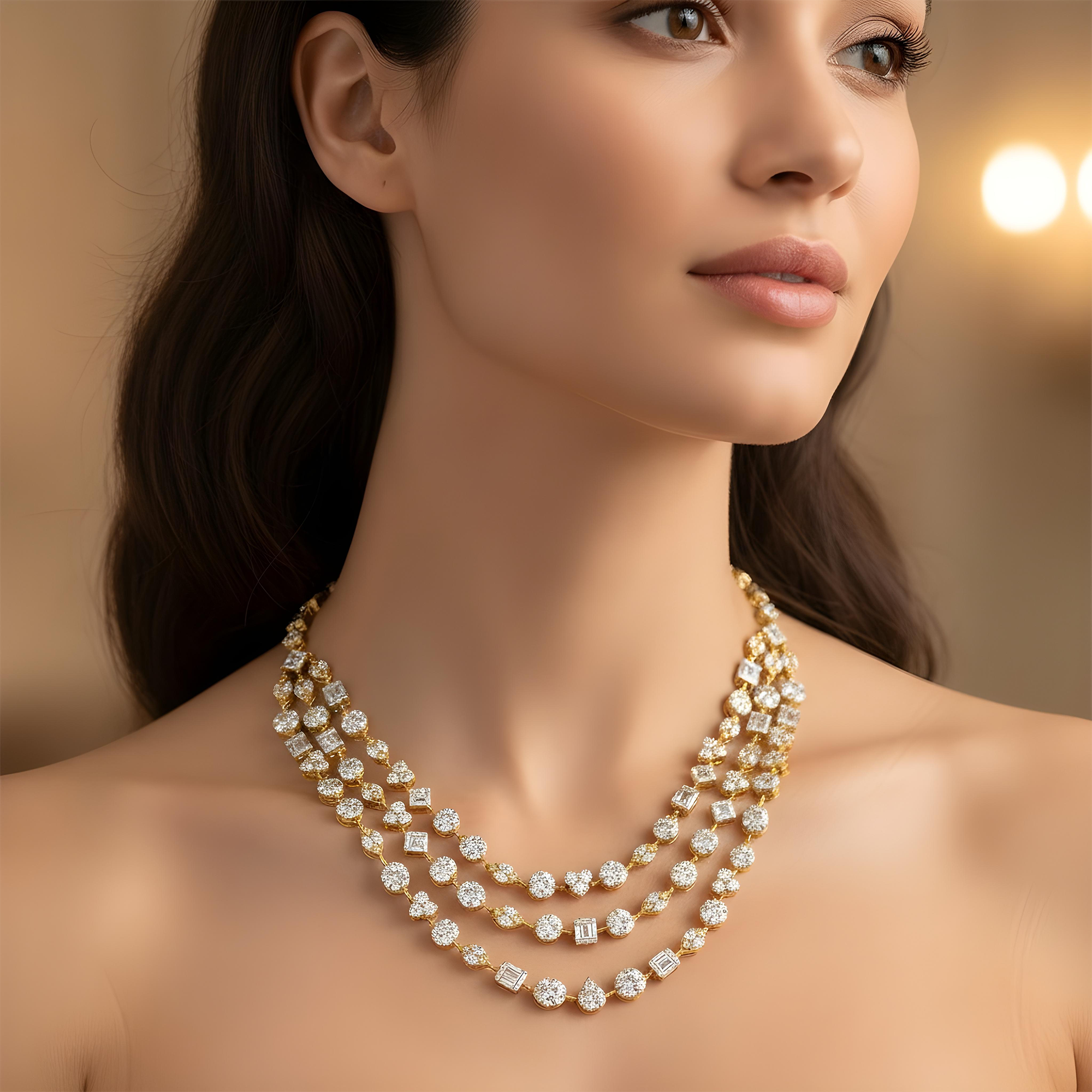 14K White Gold Combination Cut Diamond Triple Row Necklace 29.62ct