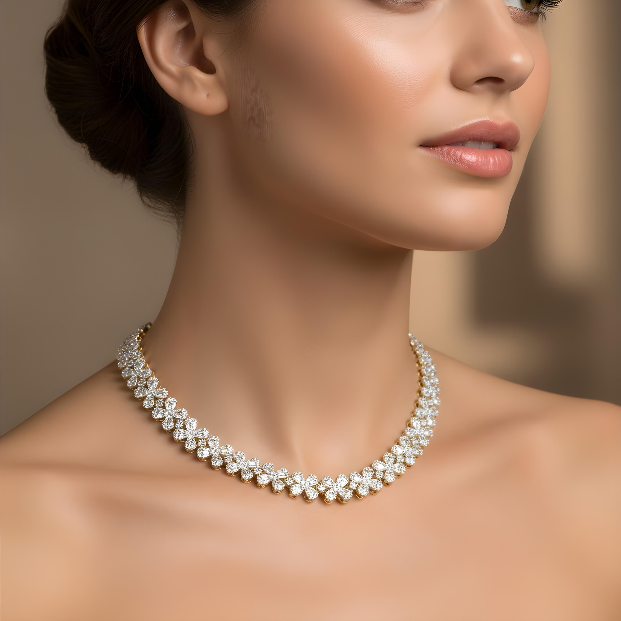 14K White Gold Baguette & Round Cut Flower Diamond Chain 18.98ct
