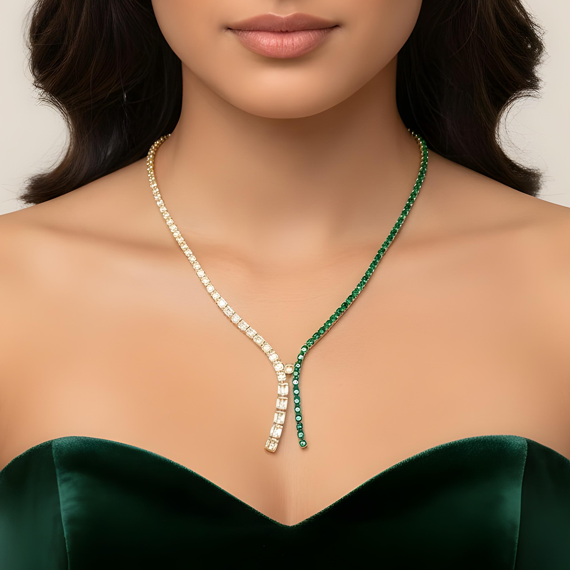 14K White Gold Oval Cut Emerald & Diamond Drop Necklace