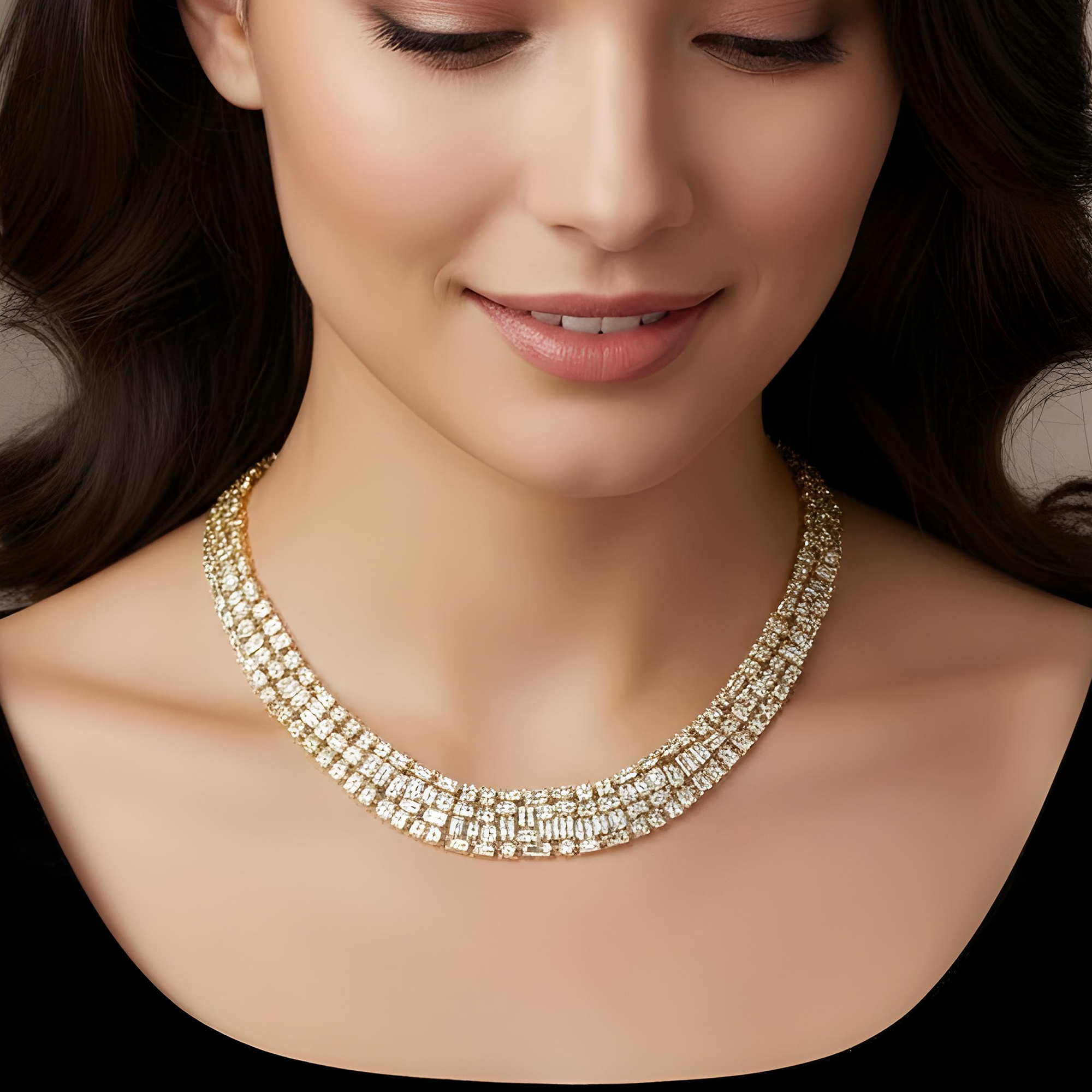 14K White Gold Emerald & Baguette Diamond Necklace 34.60ct