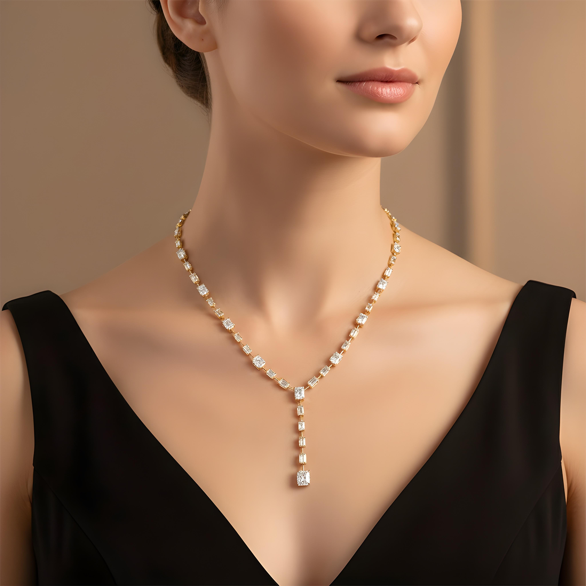 18K White Gold Radiant & Emerald Cut Diamond Drop Necklace 41.69ct