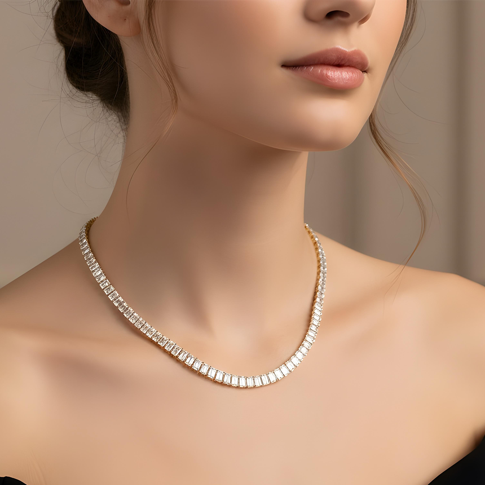 14K White Gold Graduated Emerald Cut Diamond Necklace 31.11ct