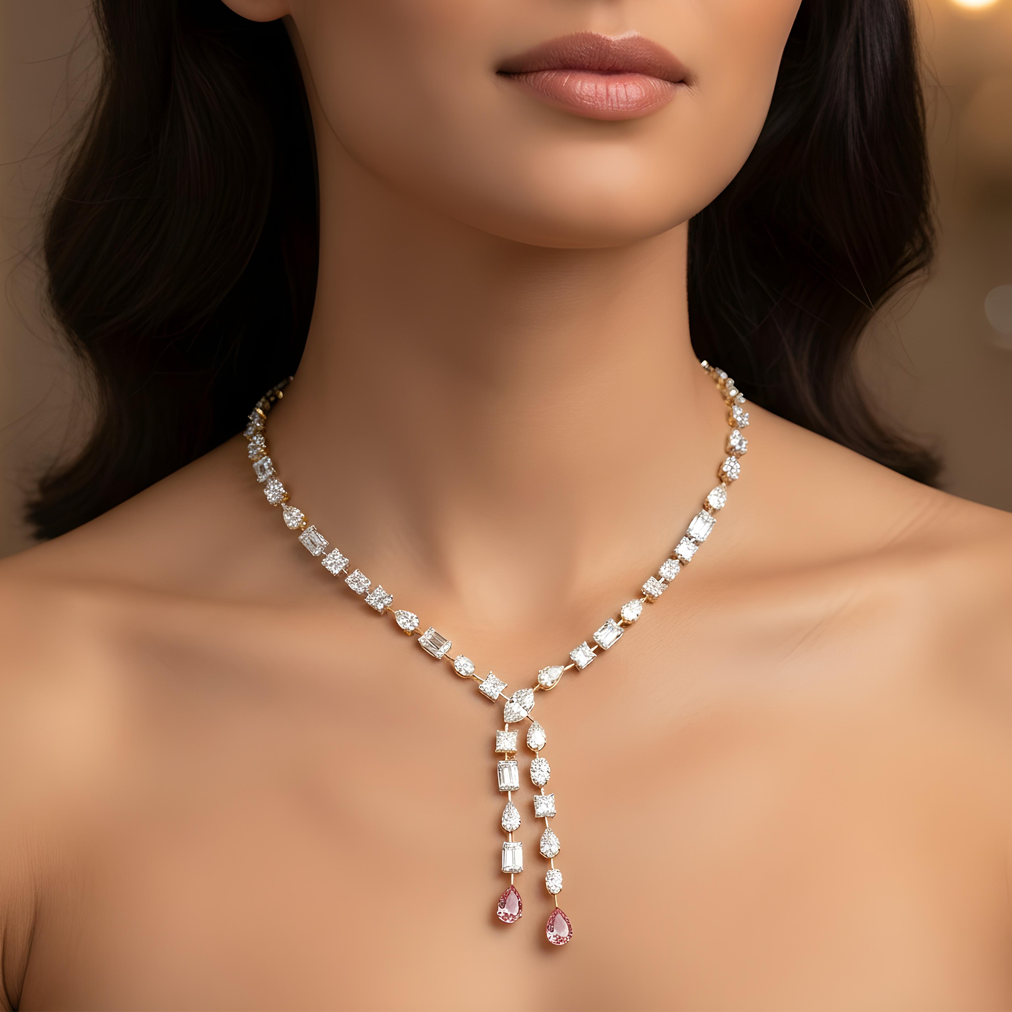 18K White Gold Multi Cut White & Fancy Vivid Pink Diamond Double Drop Necklace