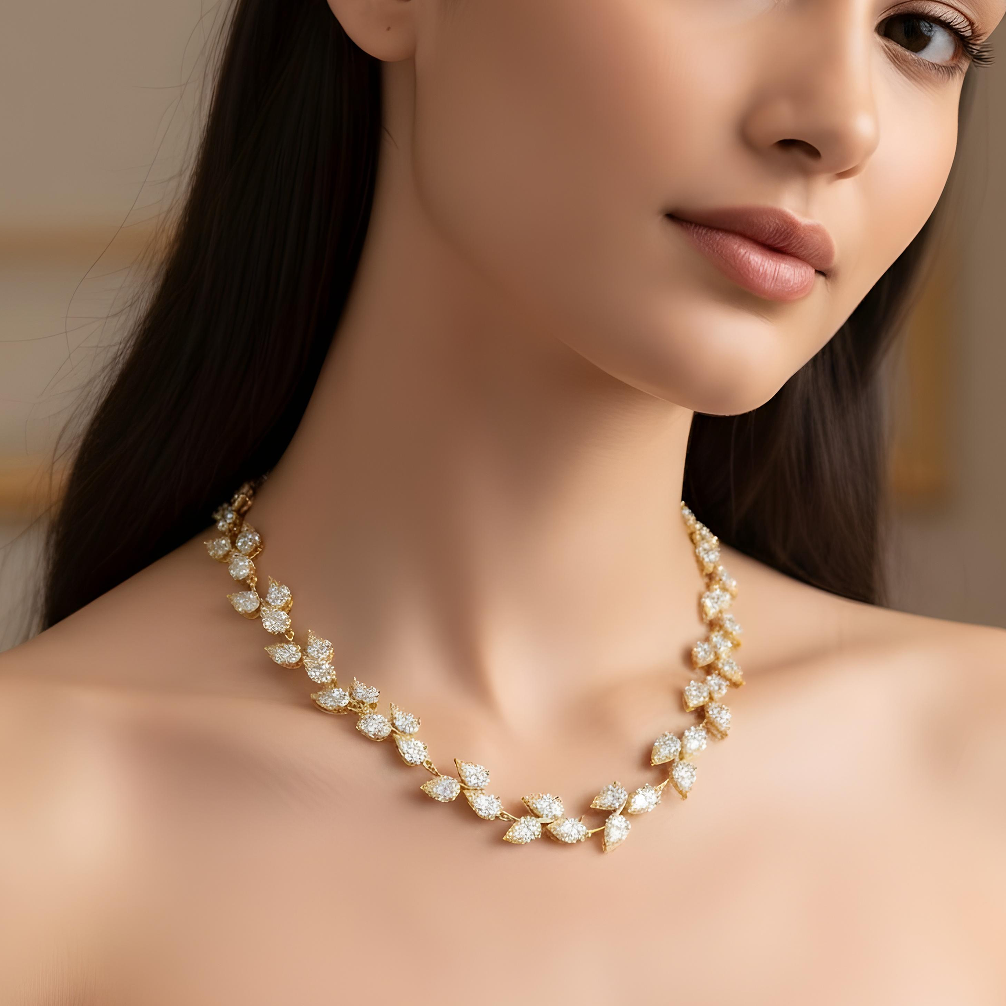18K White Gold Pear Cut Diamond Rosebud Vine Necklace 56.69ct