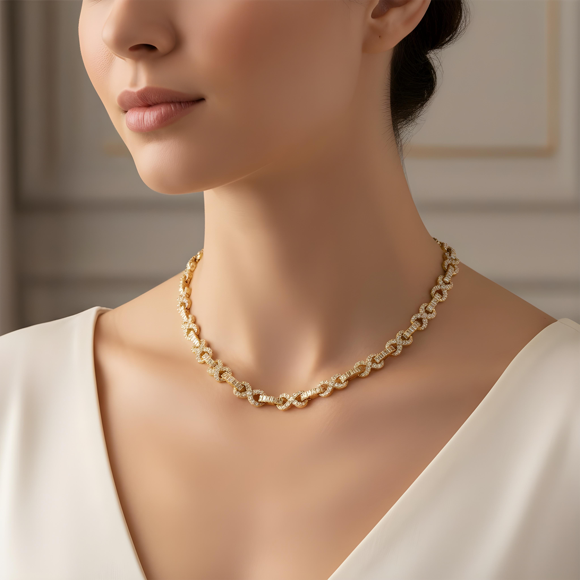 14K White Gold Round & Emerald Cut Diamond Infinity Link Necklace 29.30ct