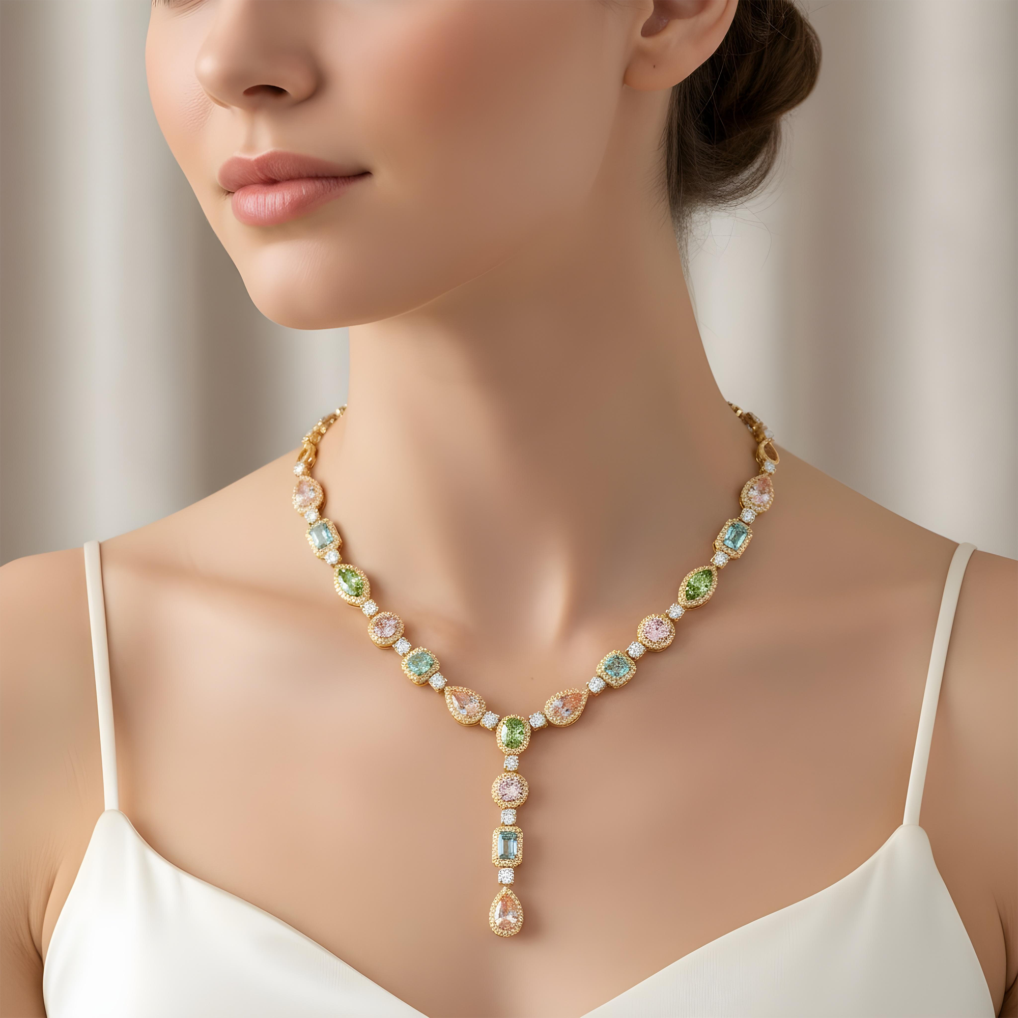 18K White Gold Multi Cut Fancy Color Diamond Drop Necklace 22.94ct (matching set)