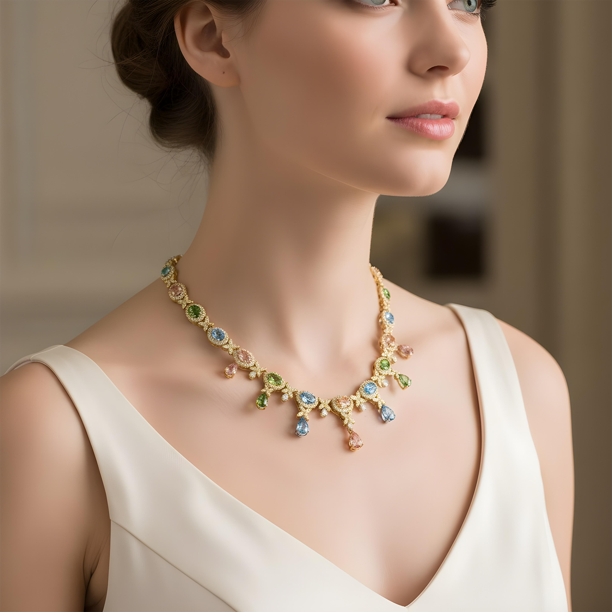 18K White Gold Multi Cut Fancy Color Diamond Drop Necklace 45.23ct