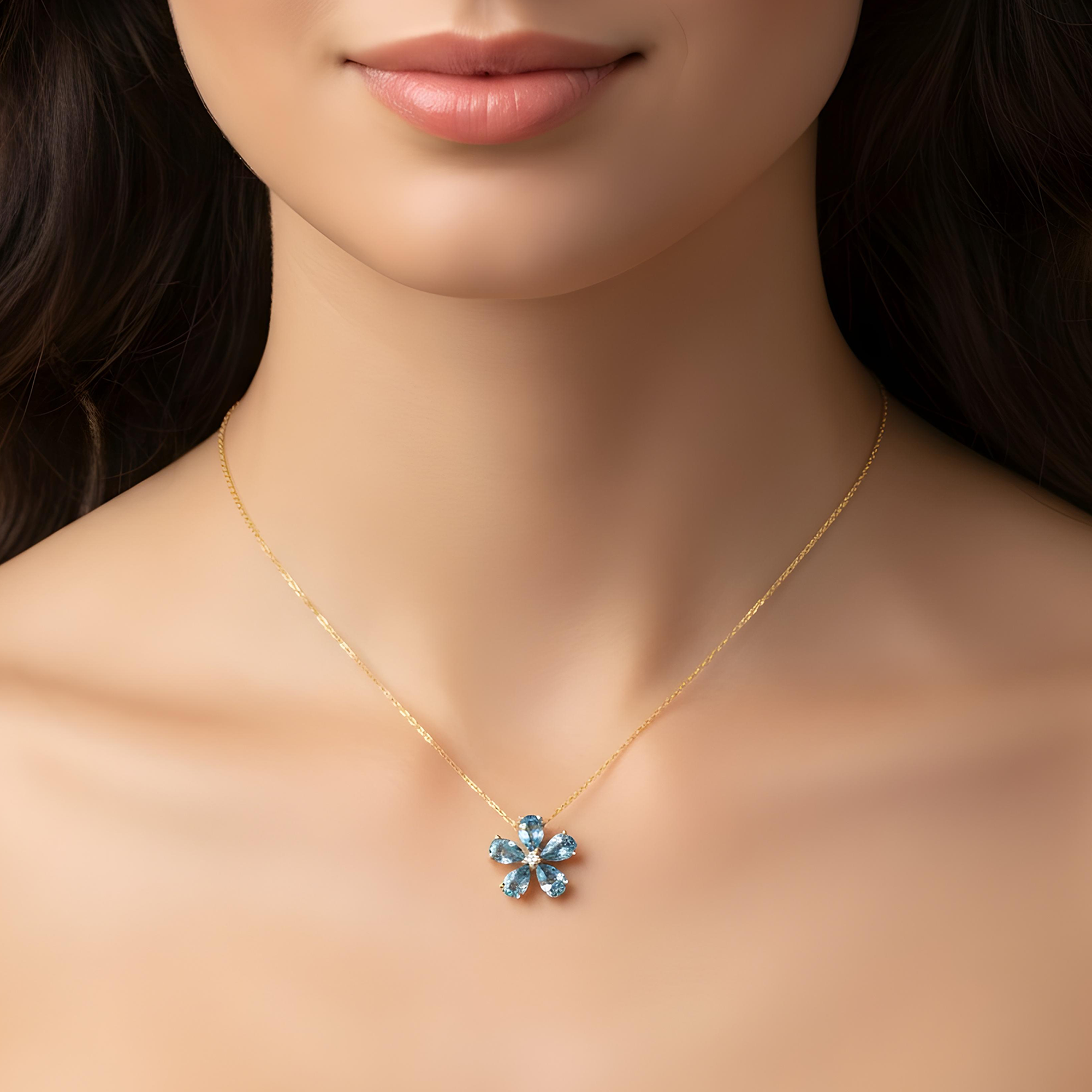 14K & 18K White Gold Pear Cut Blue Diamond Flower Necklace 1.34ct