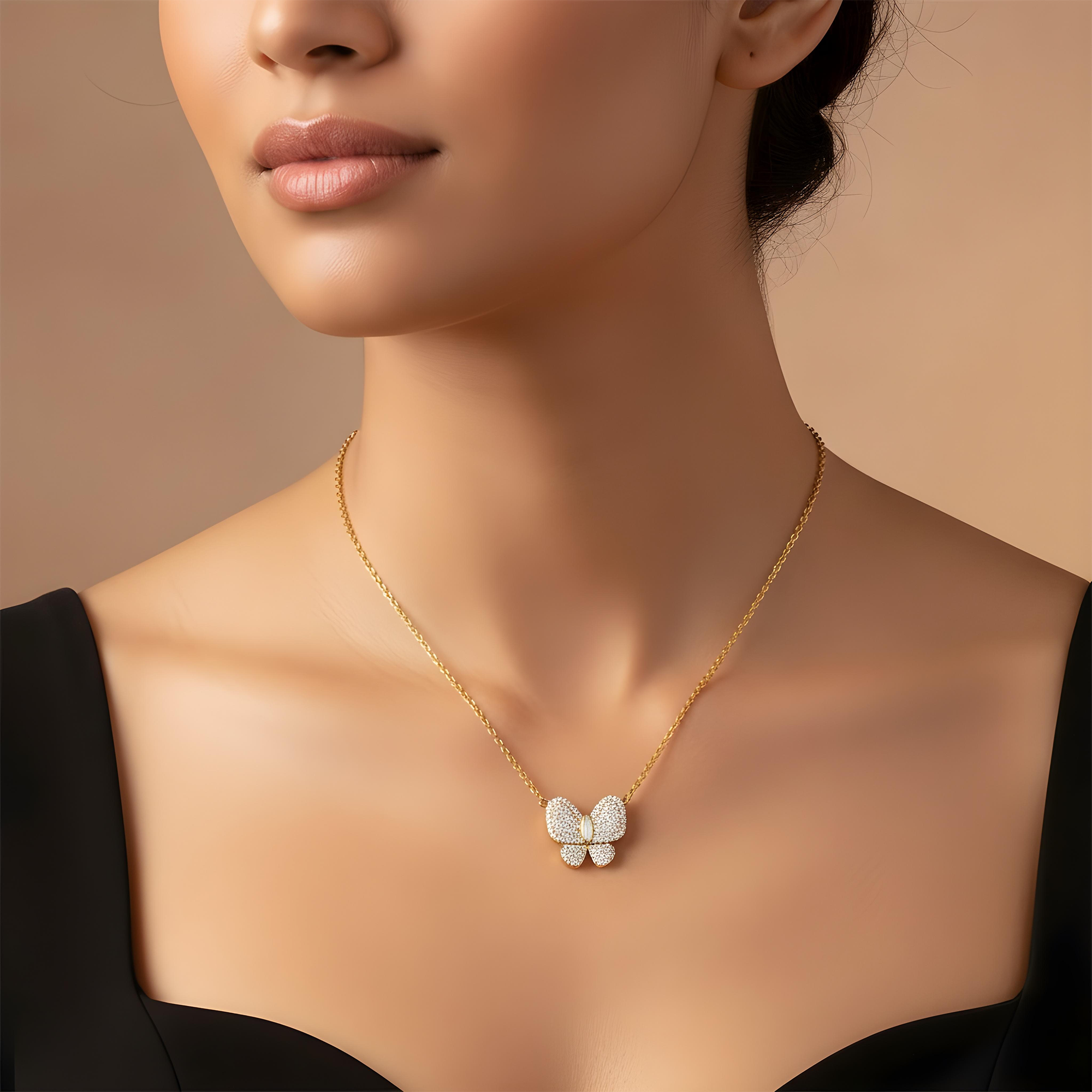 Double Sided - 14K Rose Gold Mother of Pearl & Diamond Butterfly Necklace 1.20ct
