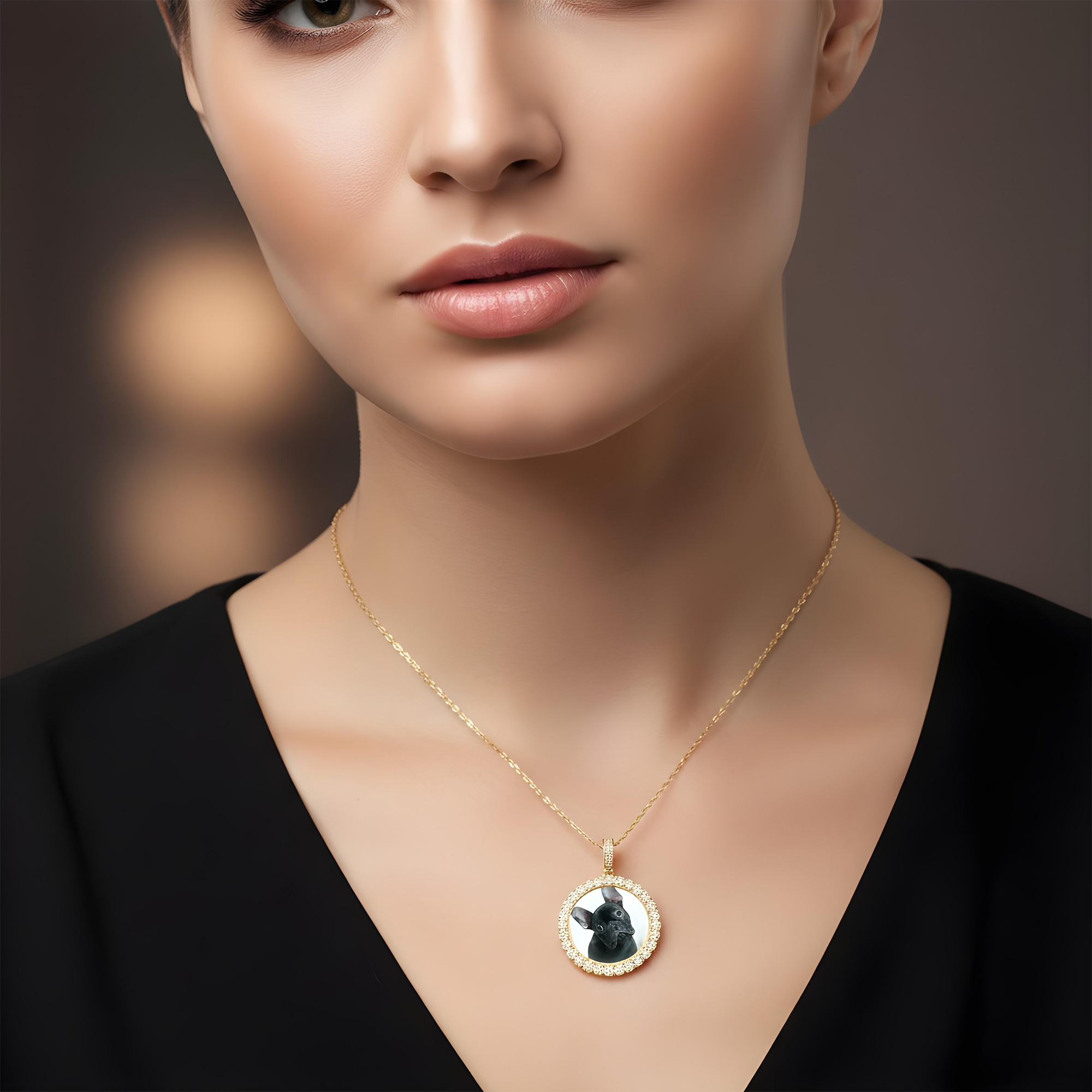 Add Your Own Photo 1.5" - Solid 14K White Gold Round Cluster Diamond Picture Pendant 2.20ct