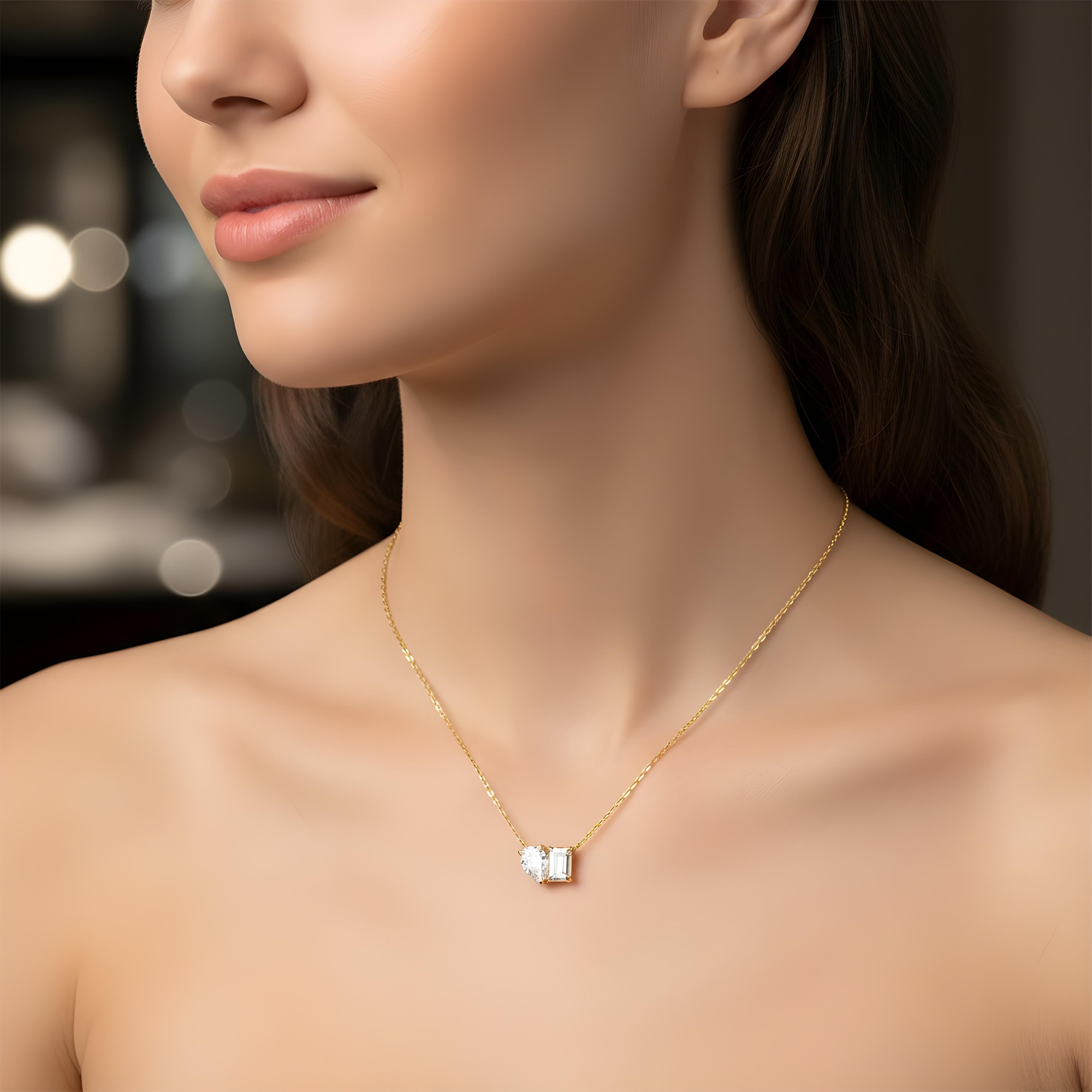 14K White Gold Pear & Emerald Double Diamond Necklace 1.67ct