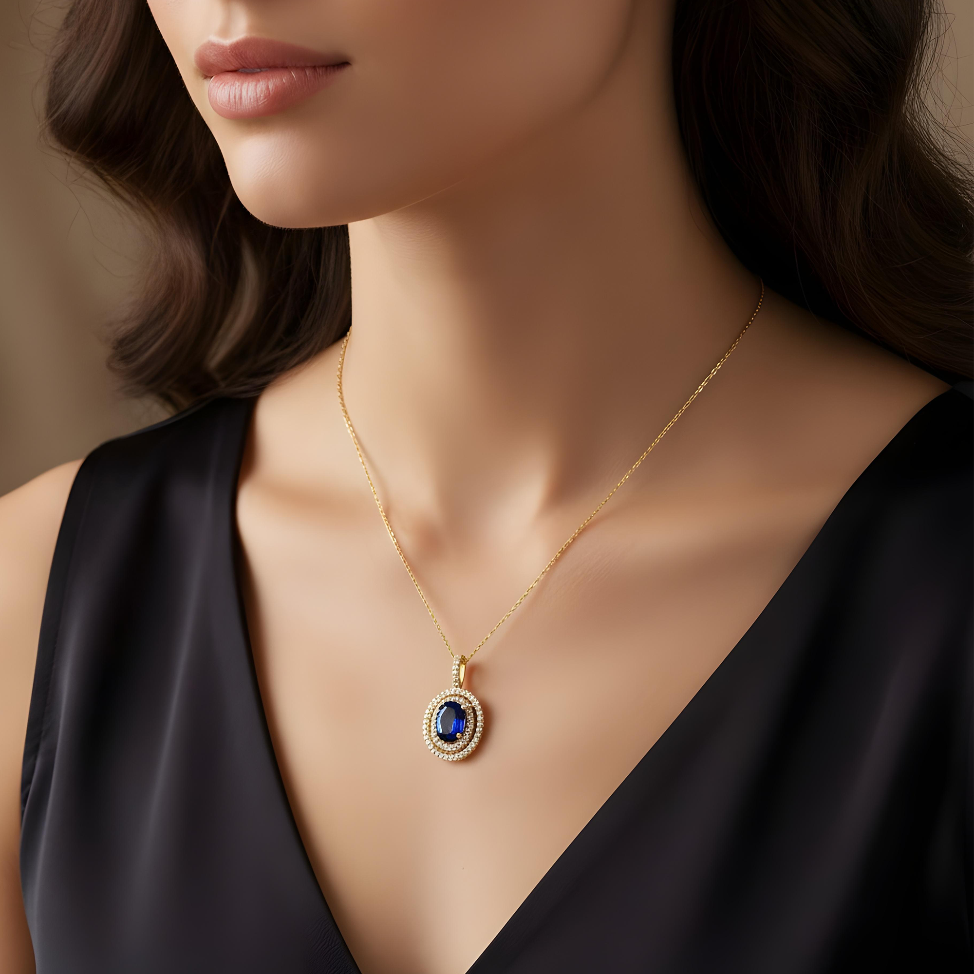 14K & 18K White Gold Diamond & Oval Cut Sapphire Gemstone Necklace