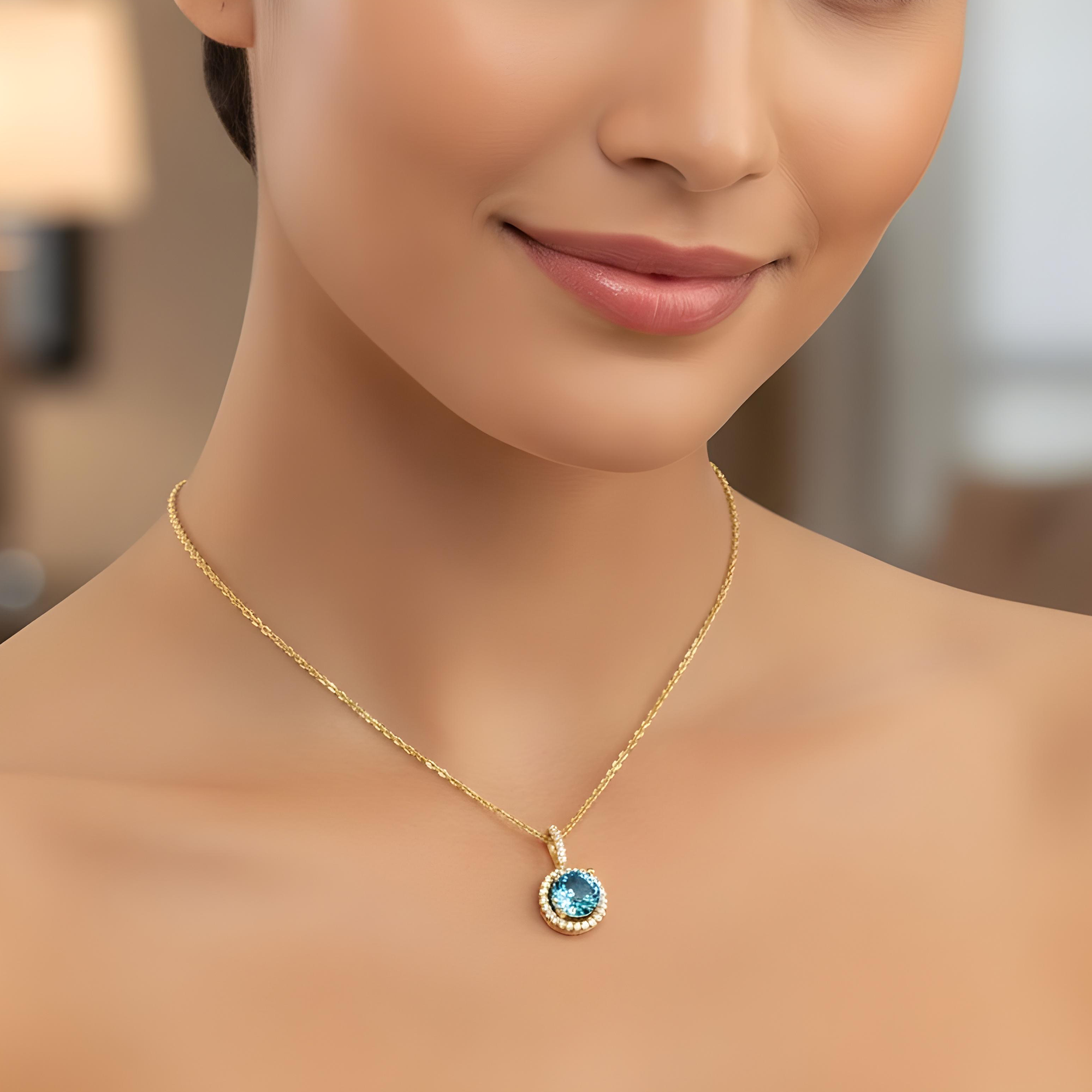 14K & 18K White Gold Round Diamond & Aquamarine Gemstone Necklace