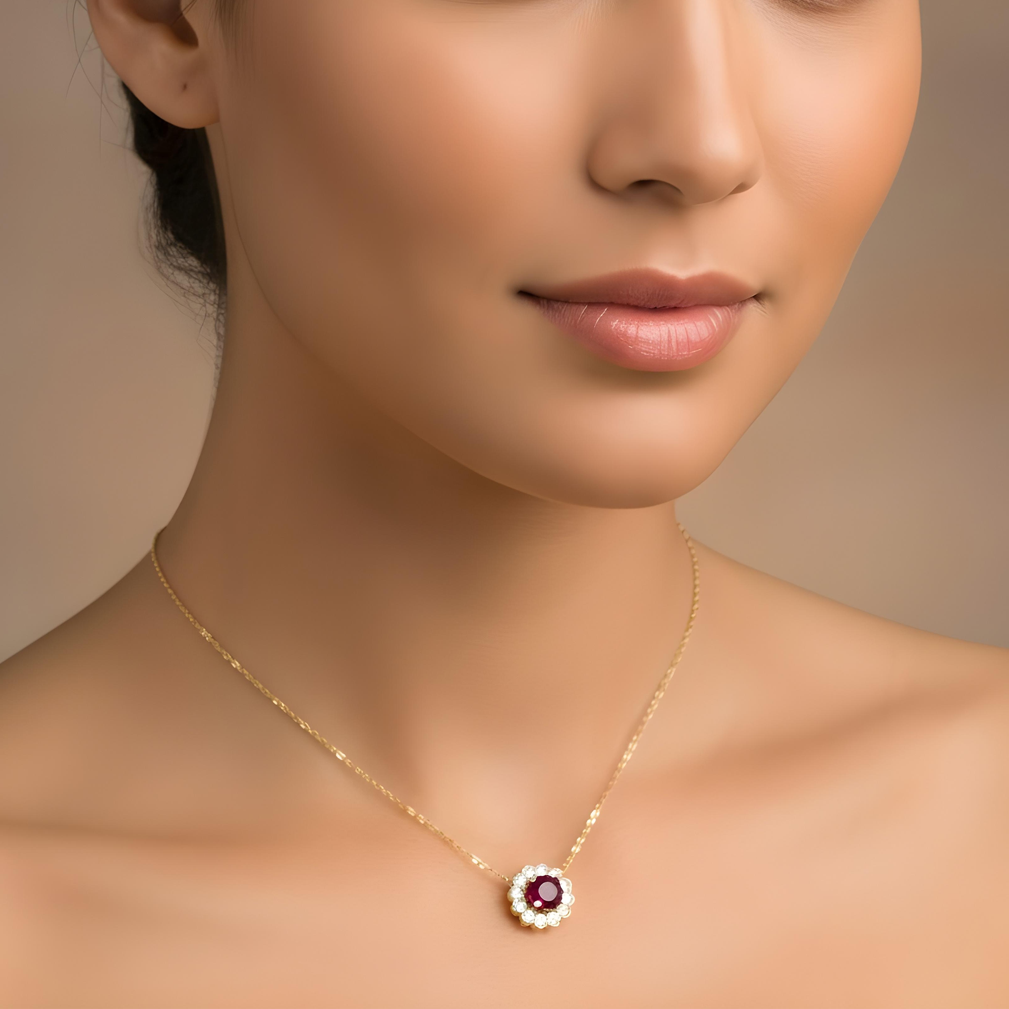 14K & 18K White Gold Round Diamond & Ruby Gemstone Necklace