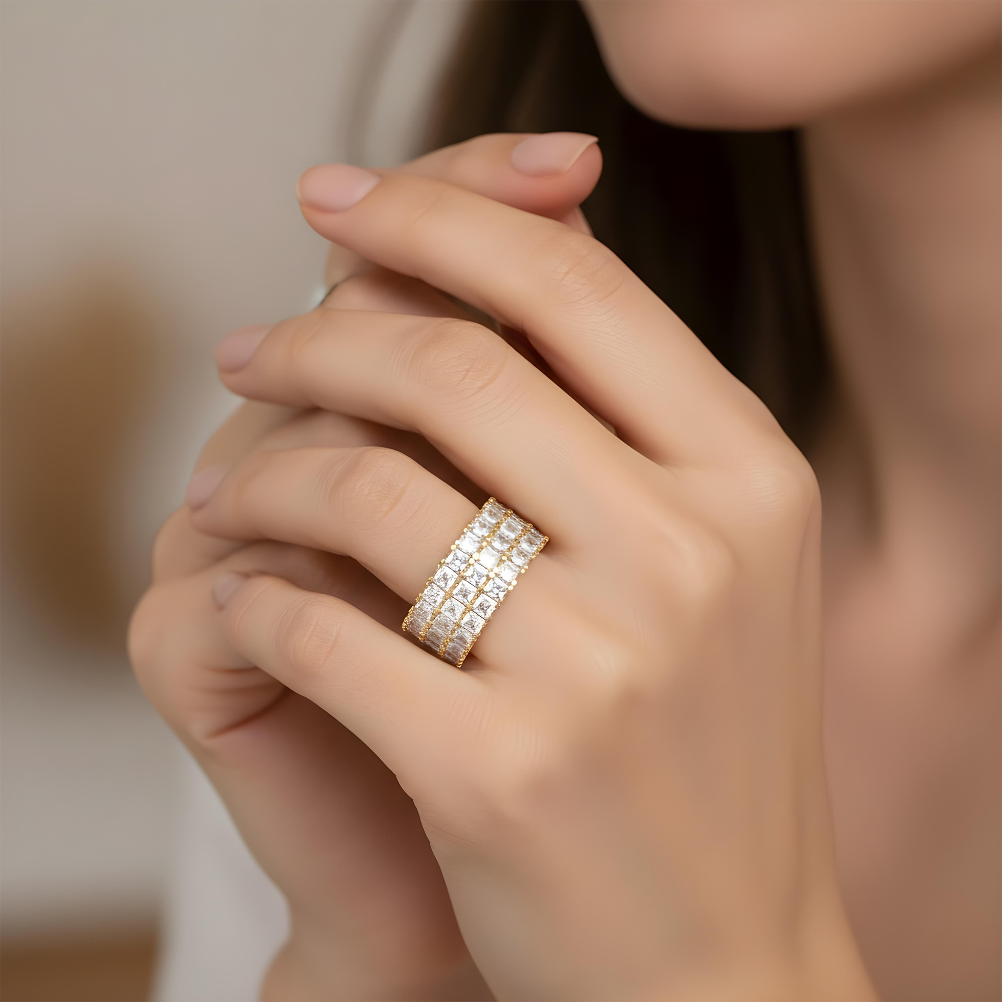 18K White Gold Triple Row Asscher Cut Diamond Eternity Ring 12.18ct (Size: 8.5)