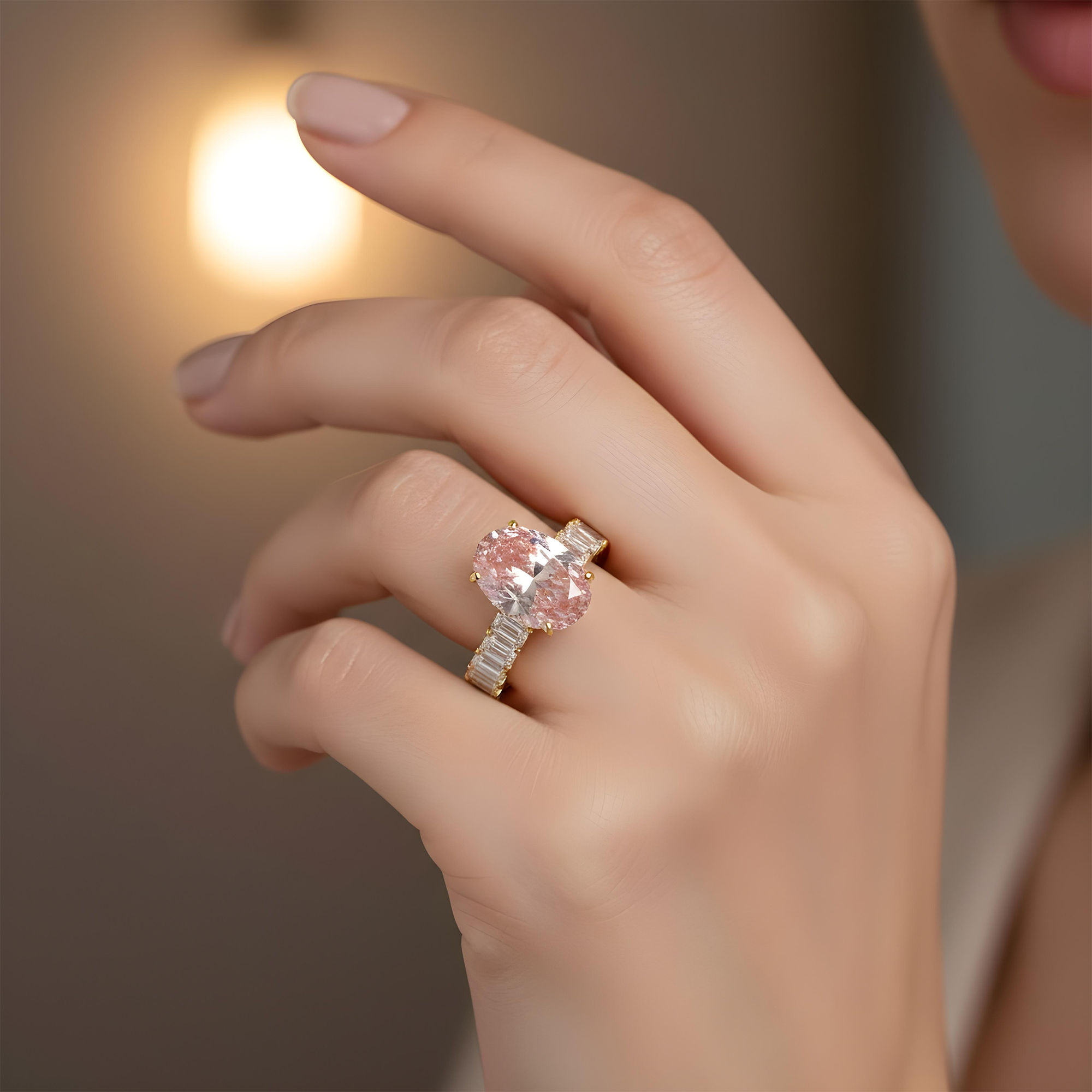 14K White Gold 5.0ct Oval Cut Fancy Vivid Pink Diamond Ring 8.10ctw