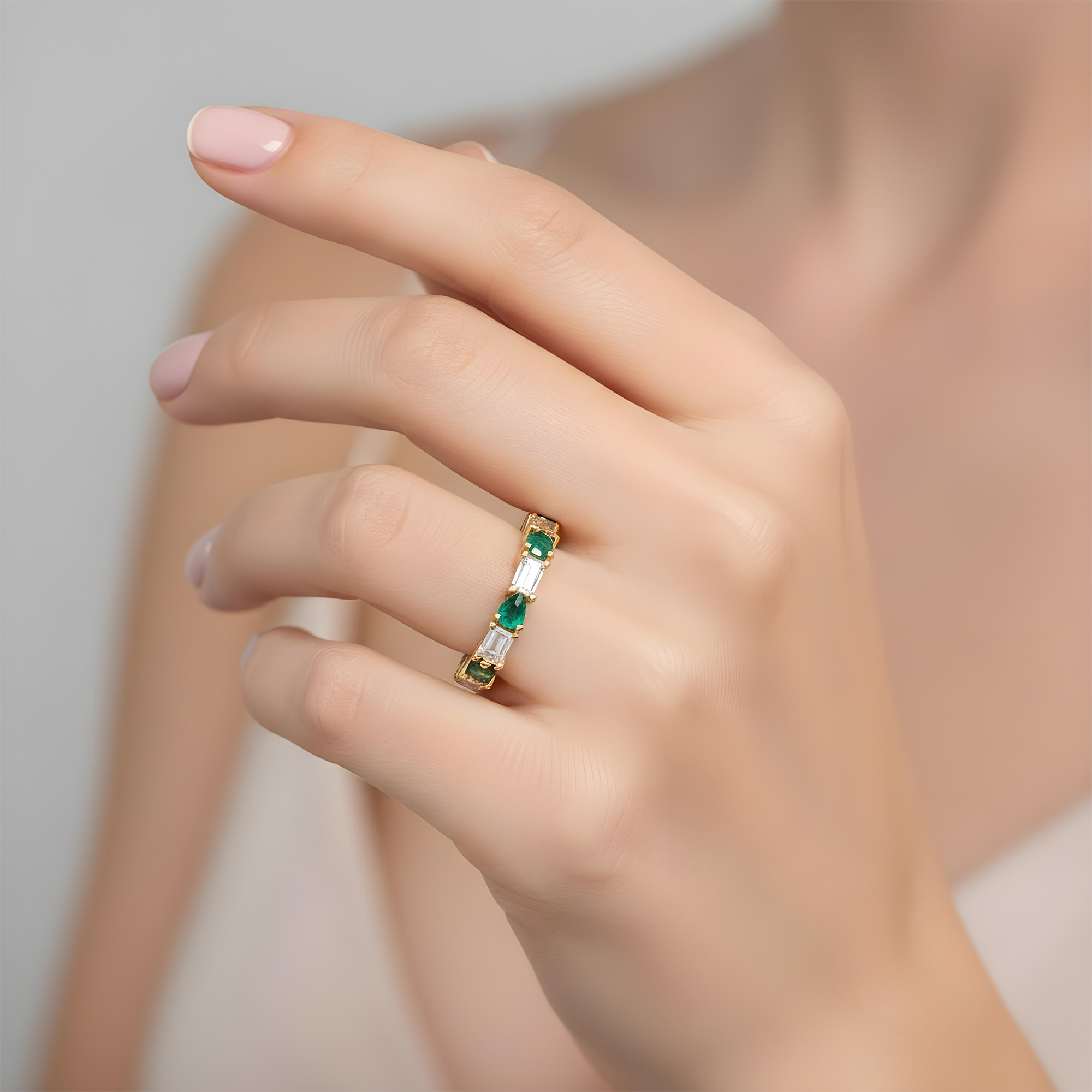 14K White Gold Emerald Cut Diamond & Pear Cut Emerald Eternity Ring