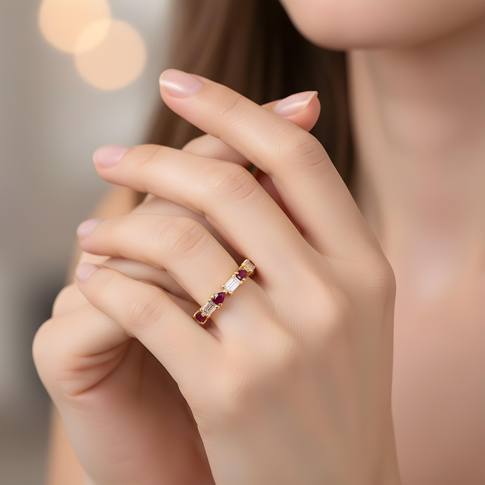 14K White Gold Emerald Cut Diamond & Pear Cut Ruby Eternity Ring