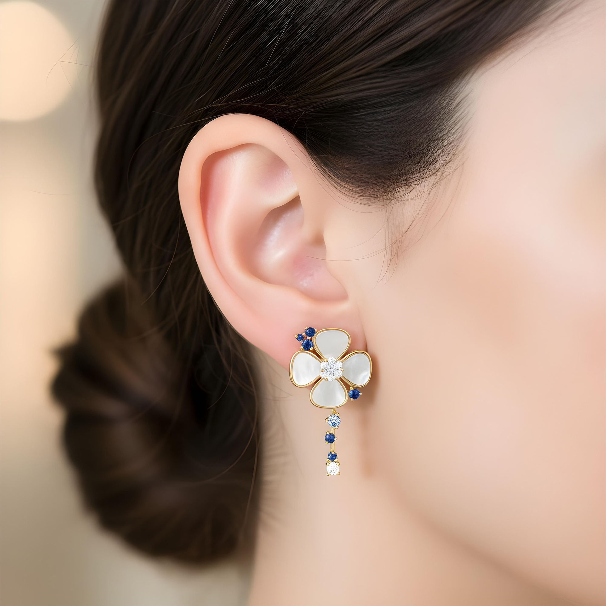 18K Yellow Gold Mother of Pearl/Blue Sapphire & Diamond Flower Drop Earrings 0.52ctw