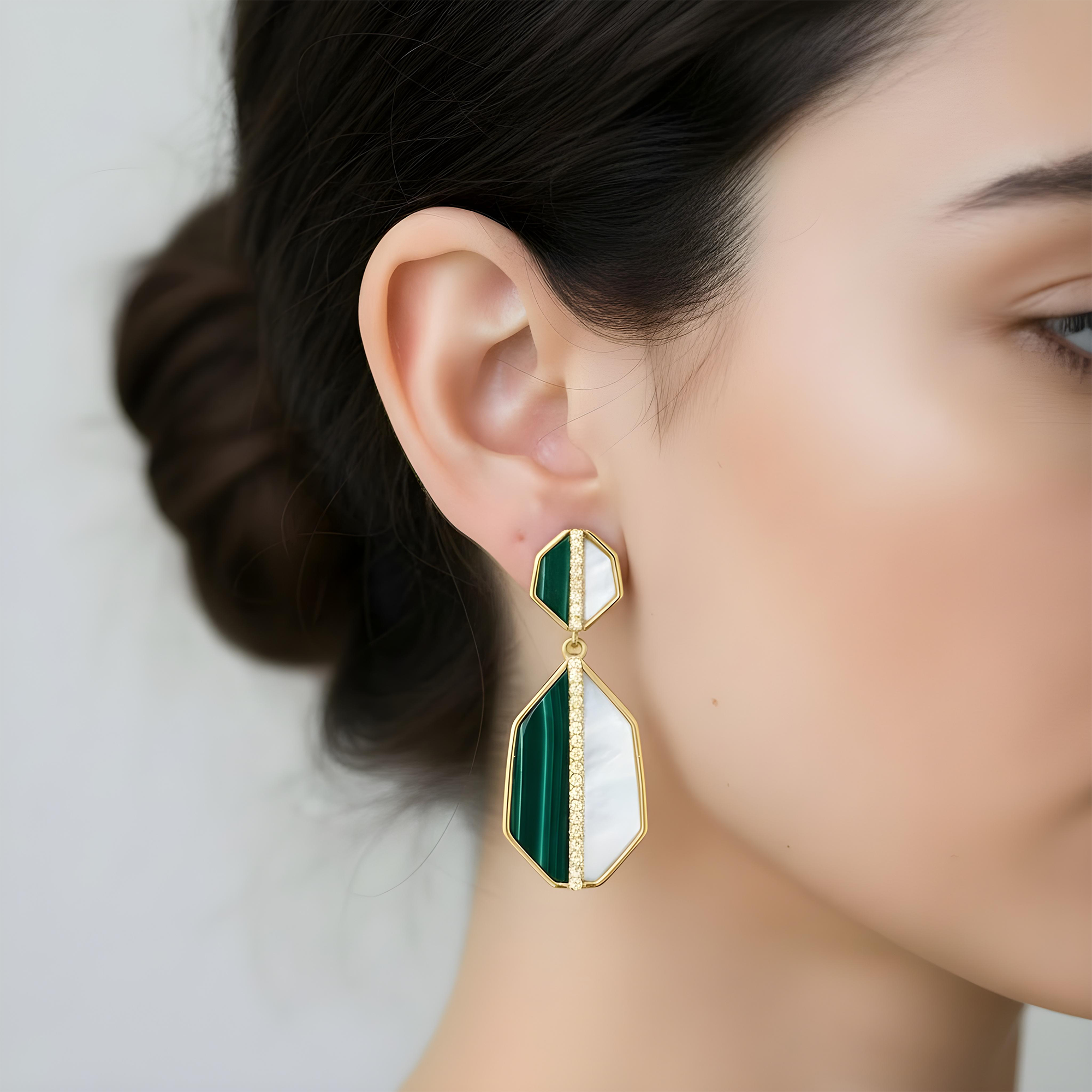 14K Yellow Gold Mother of Pearl/Malachite & Diamond Drop Earrings 0.25ctw
