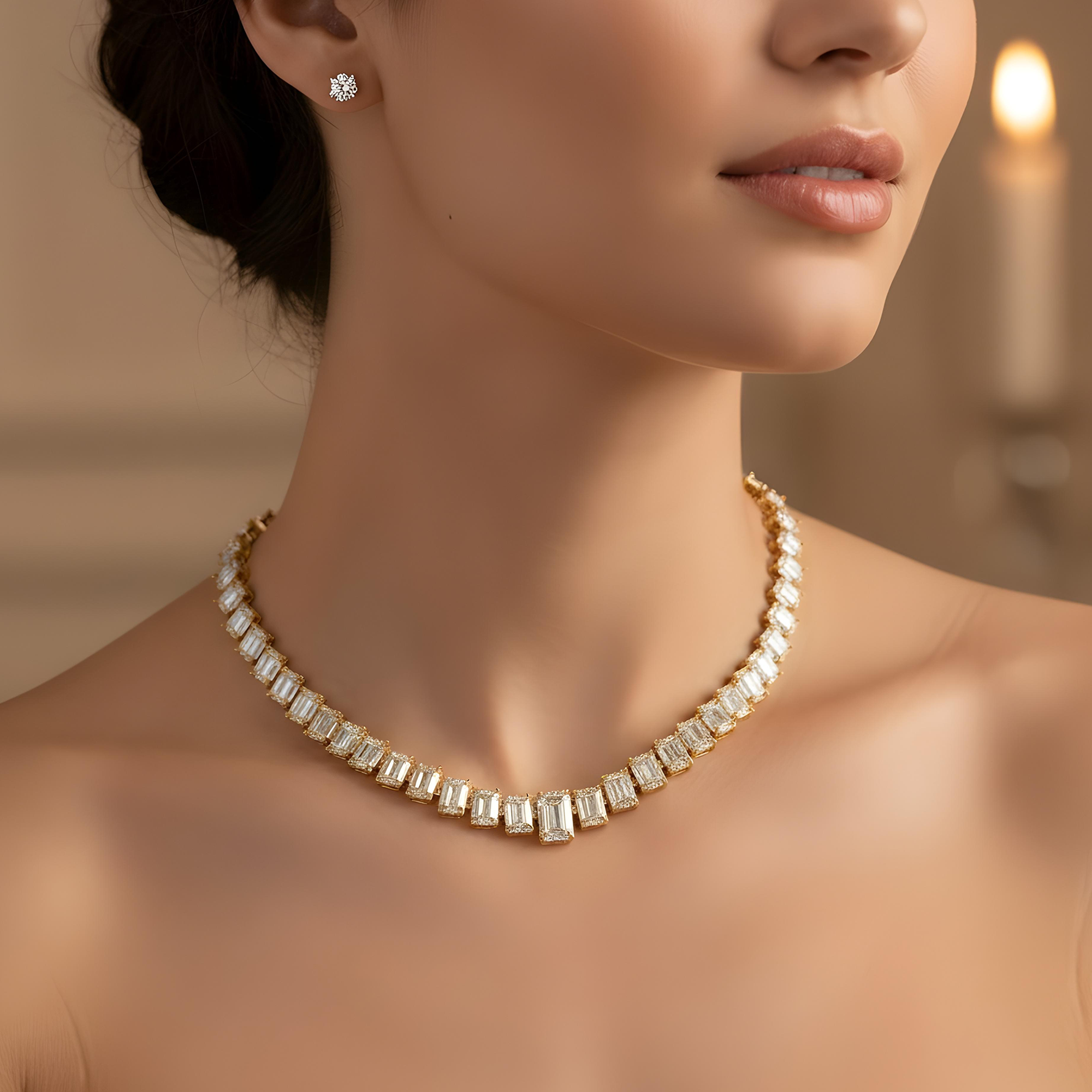 18K White Gold Graduated Emerald Cut Diamond Necklace 55.56ct