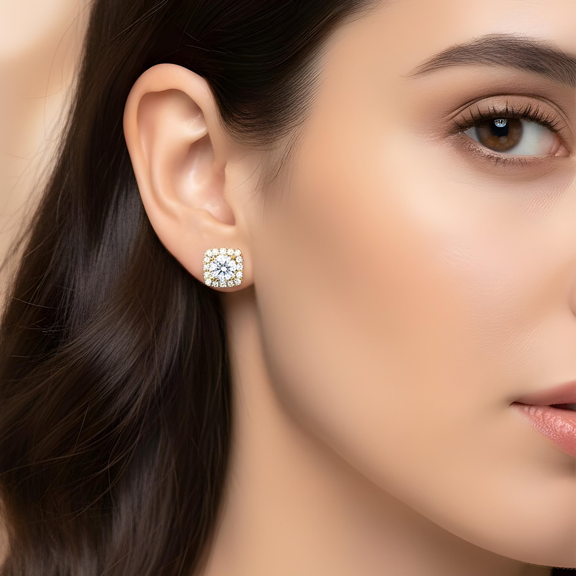 18K White Gold Square Shape Round Cut Diamond Cluster Stud Earrings 1.32ctw