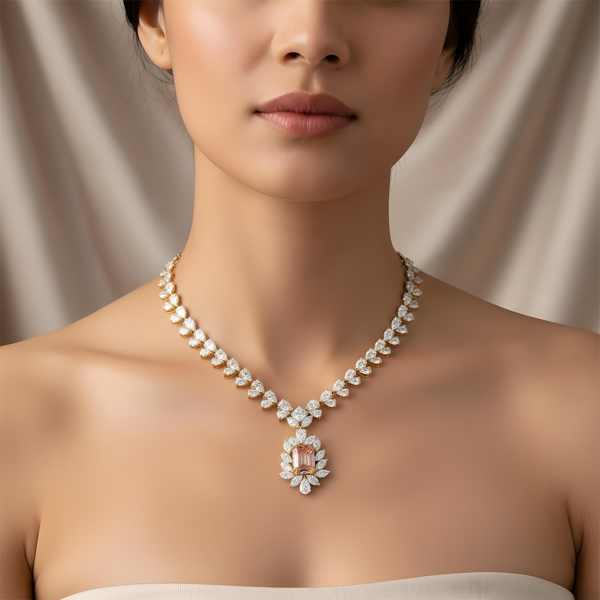 IGI 14K White Gold Fancy Pink Emerald Cut Diamond Goddess Drop Necklace 89.02ct