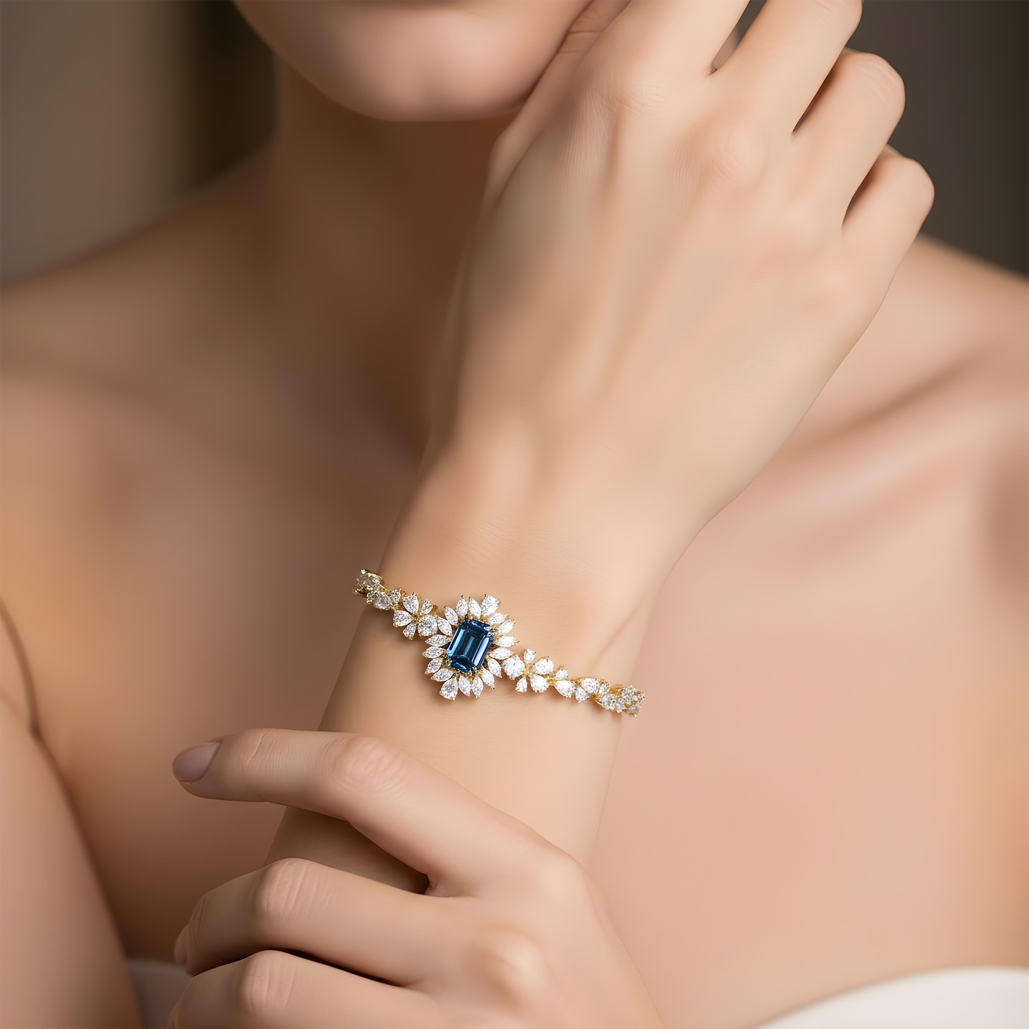 14K White Gold Emerald Cut Fancy Blue Diamond Goddess Bracelet