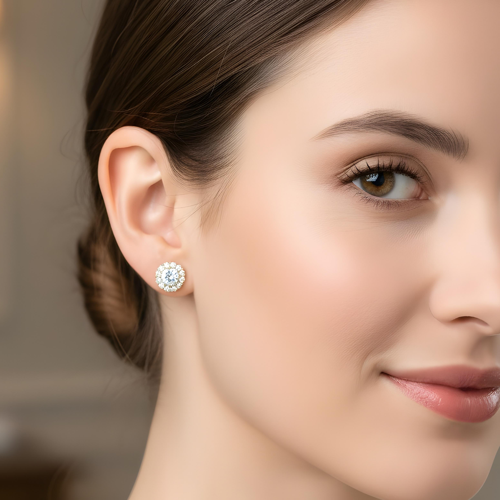 IGI 18K White Gold Round Diamond Stud Earrings w/ Halo 2.96ctw