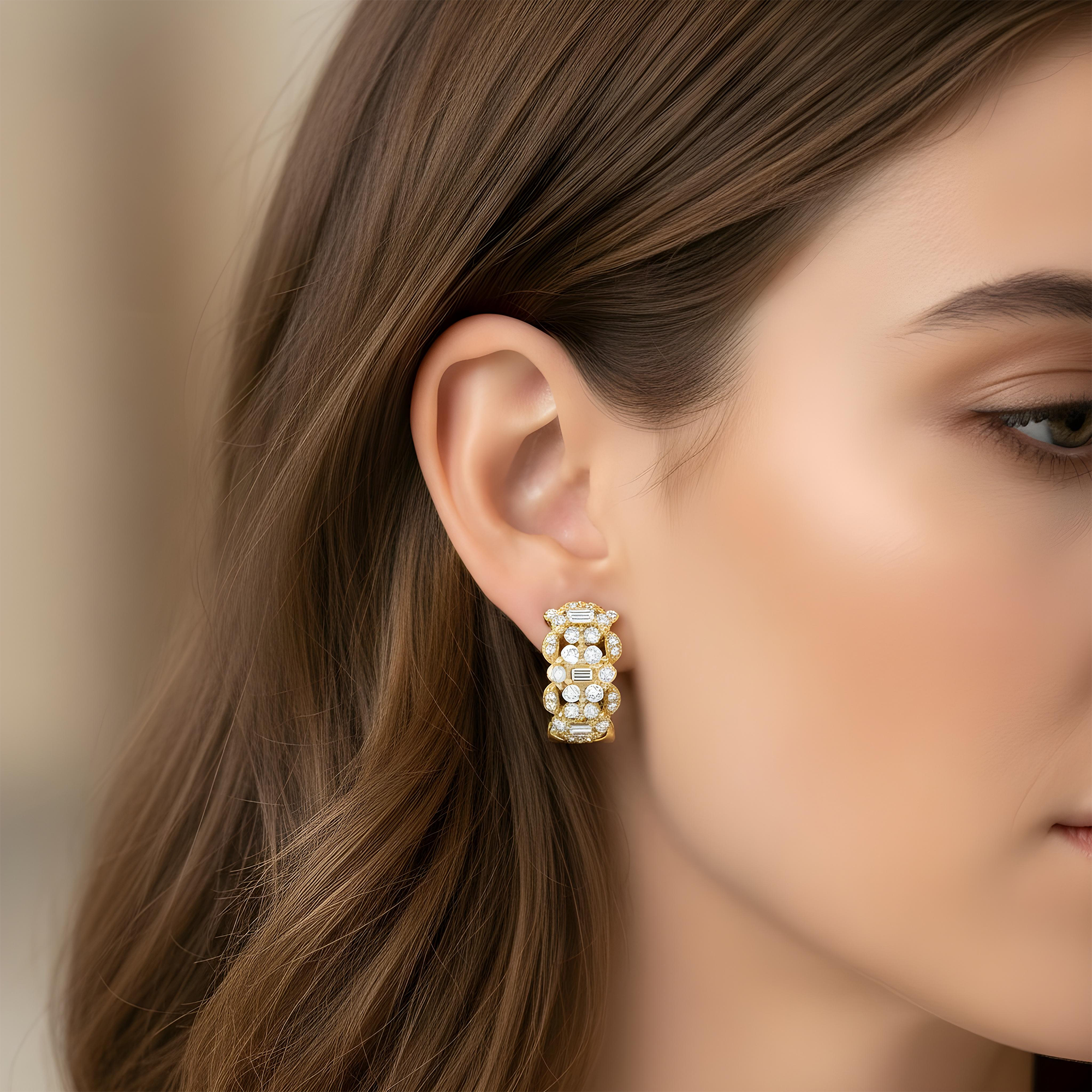 18K White Gold Round & Emerald Cut Diamond Hoop Earrings 1.90ctw