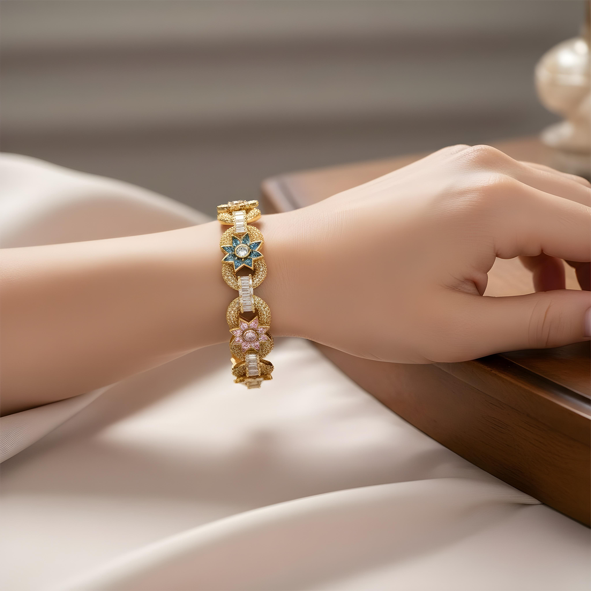 14K Two Tone Fancy Color Round & Pear Cut Diamond Flower Bracelet 20.37ct