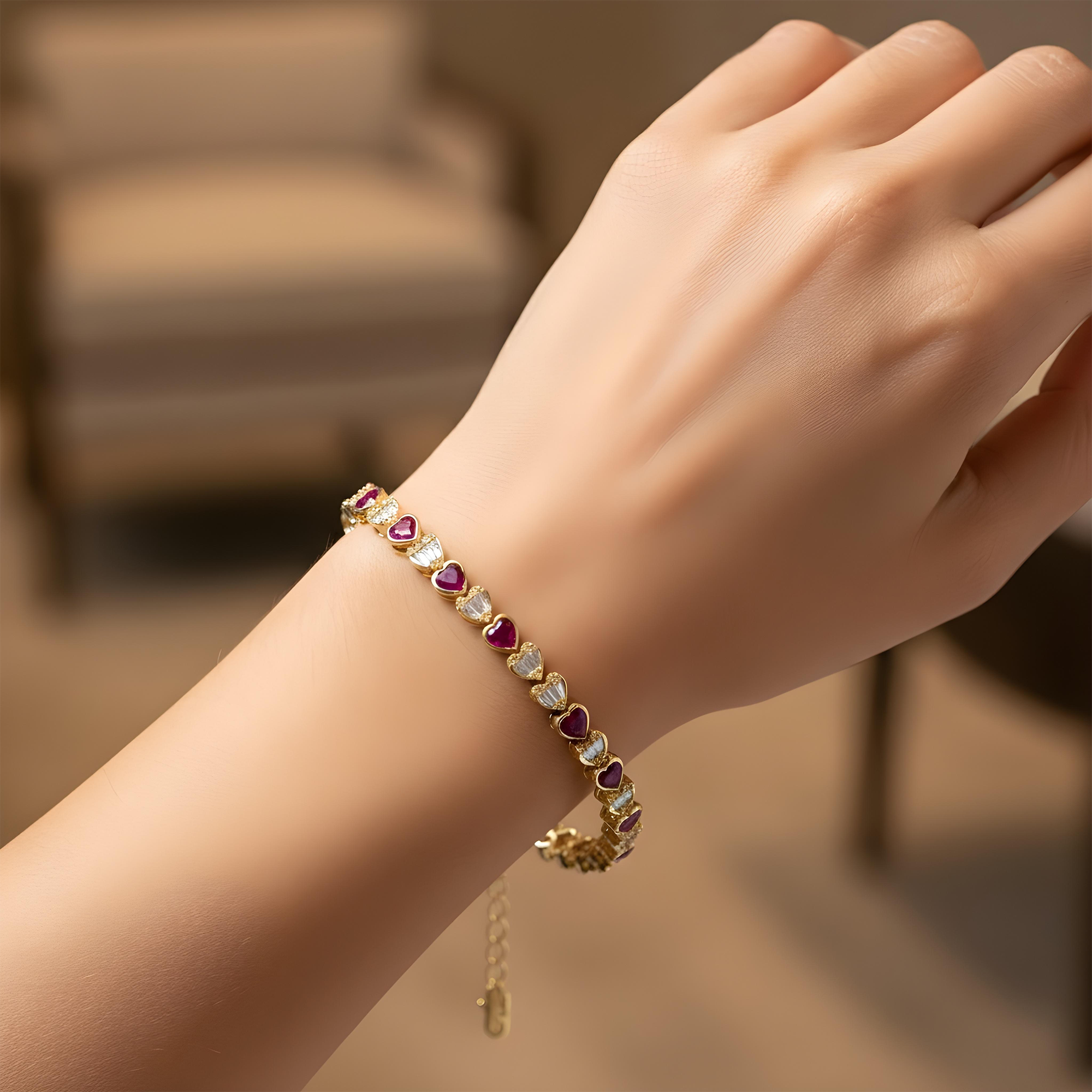 14K White Gold Heart Cut Ruby & Diamond Tennis Bracelet 7.31ct