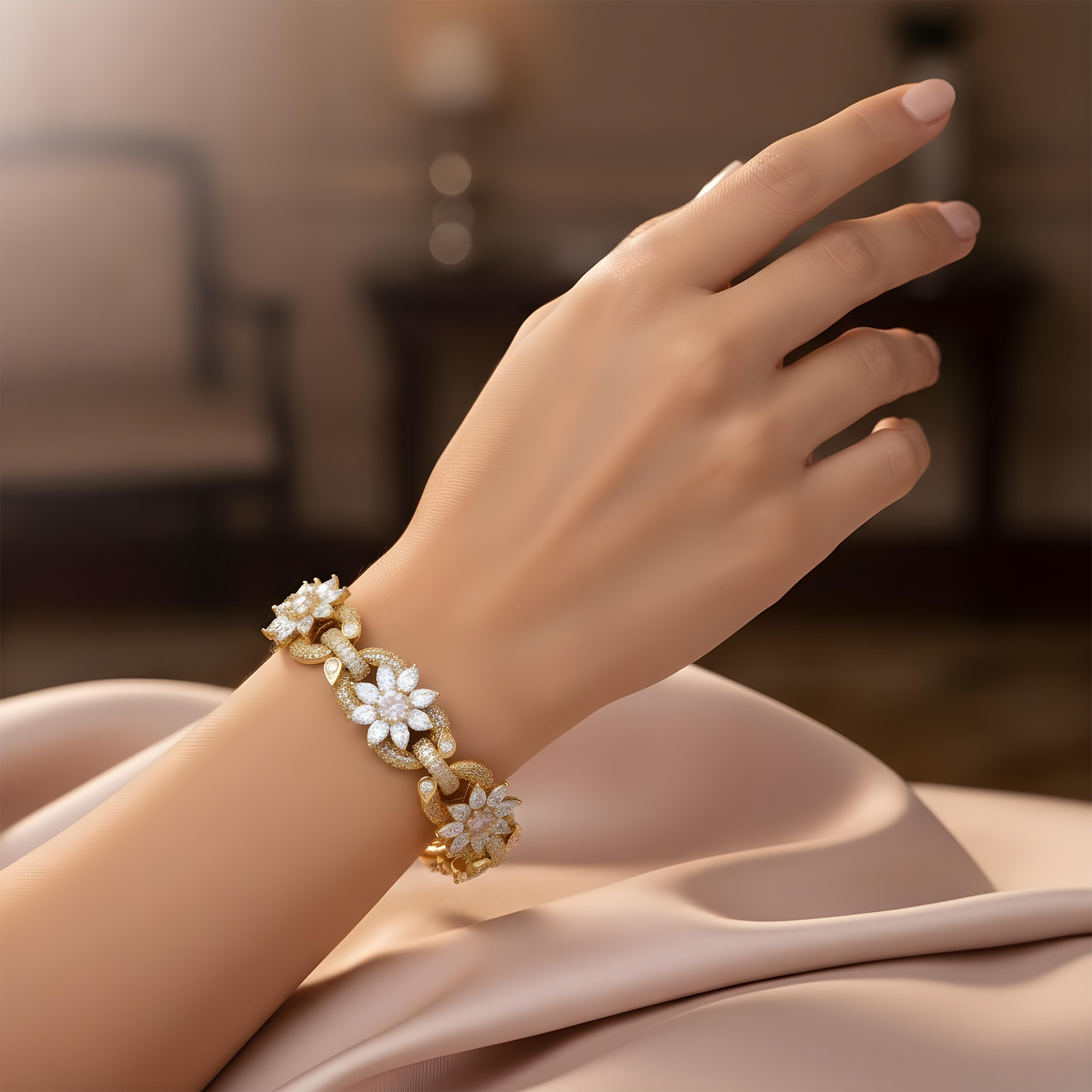 14K White Gold Round & Pear Cut Diamond Flower Bracelet 28.56ct