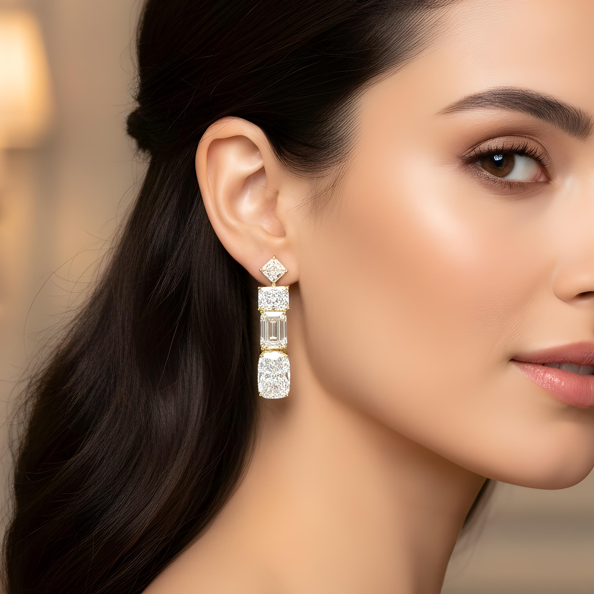 IGI Platinum Emerald & Cushion Cut Diamond Drop Earrings 27.61ctw