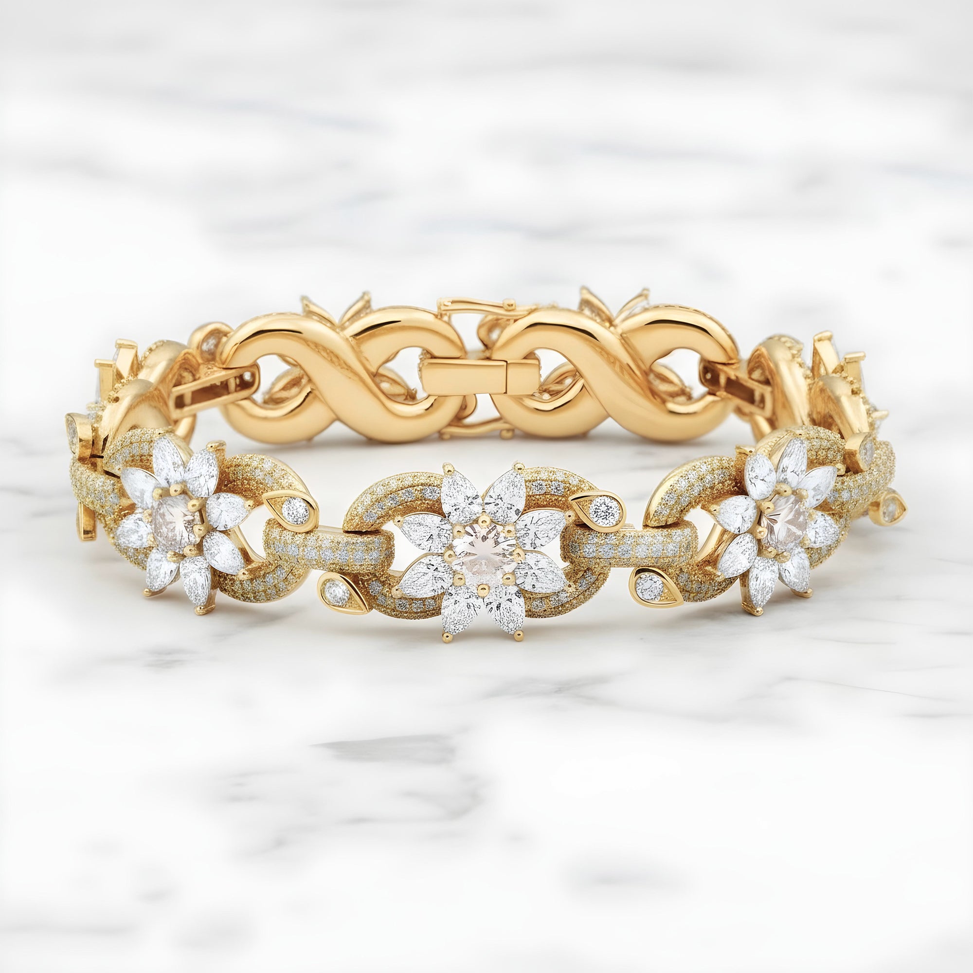 14K White Gold Round & Pear Cut Diamond Flower Bracelet 28.56ct