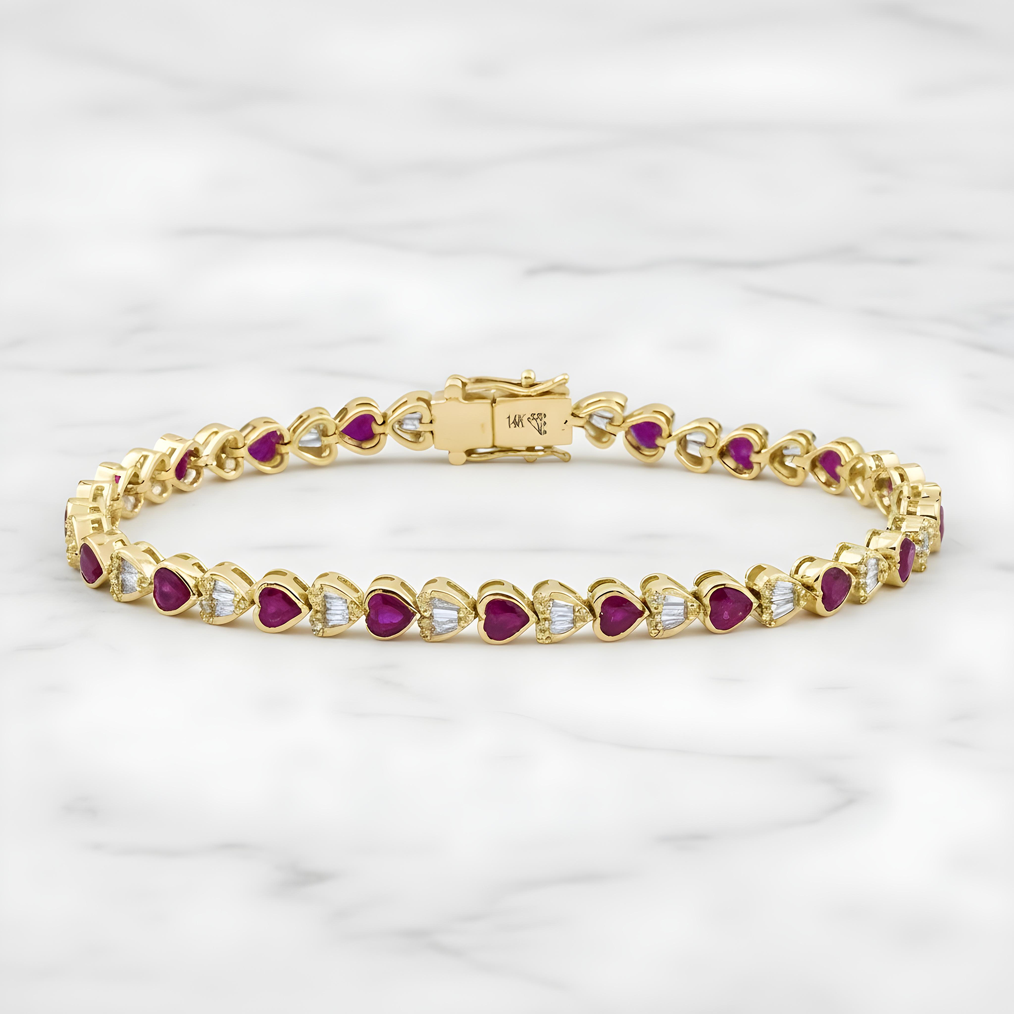 14K White Gold Heart Cut Ruby & Diamond Tennis Bracelet 7.31ct