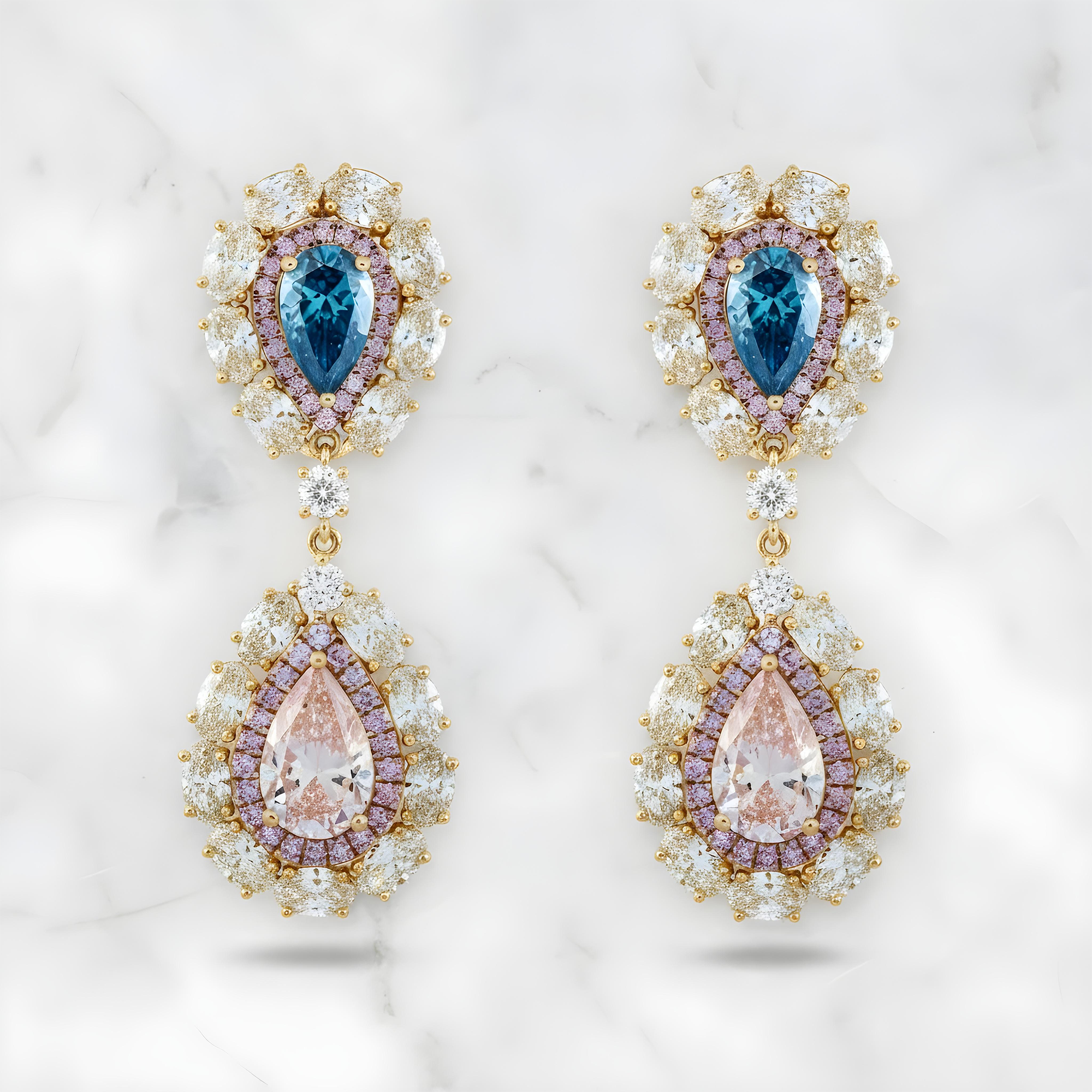 14K White Gold Multi Cut Fancy Pink & Blue Diamond Drop Earrings 14.02ctw