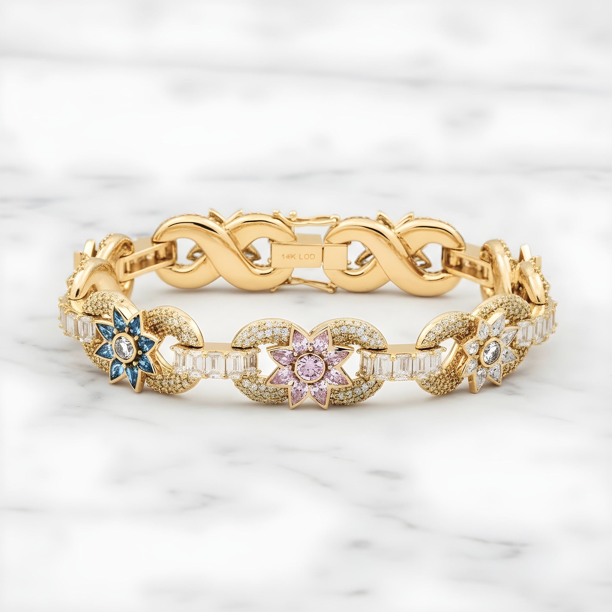 14K Two Tone Fancy Color Round & Pear Cut Diamond Flower Bracelet 20.37ct