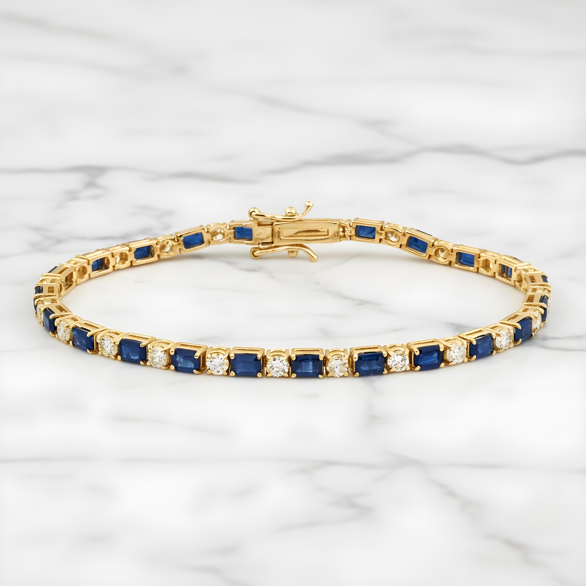 14K White Gold Emerald Cut Sapphire & Round Diamond Tennis Bracelet 6.49ct