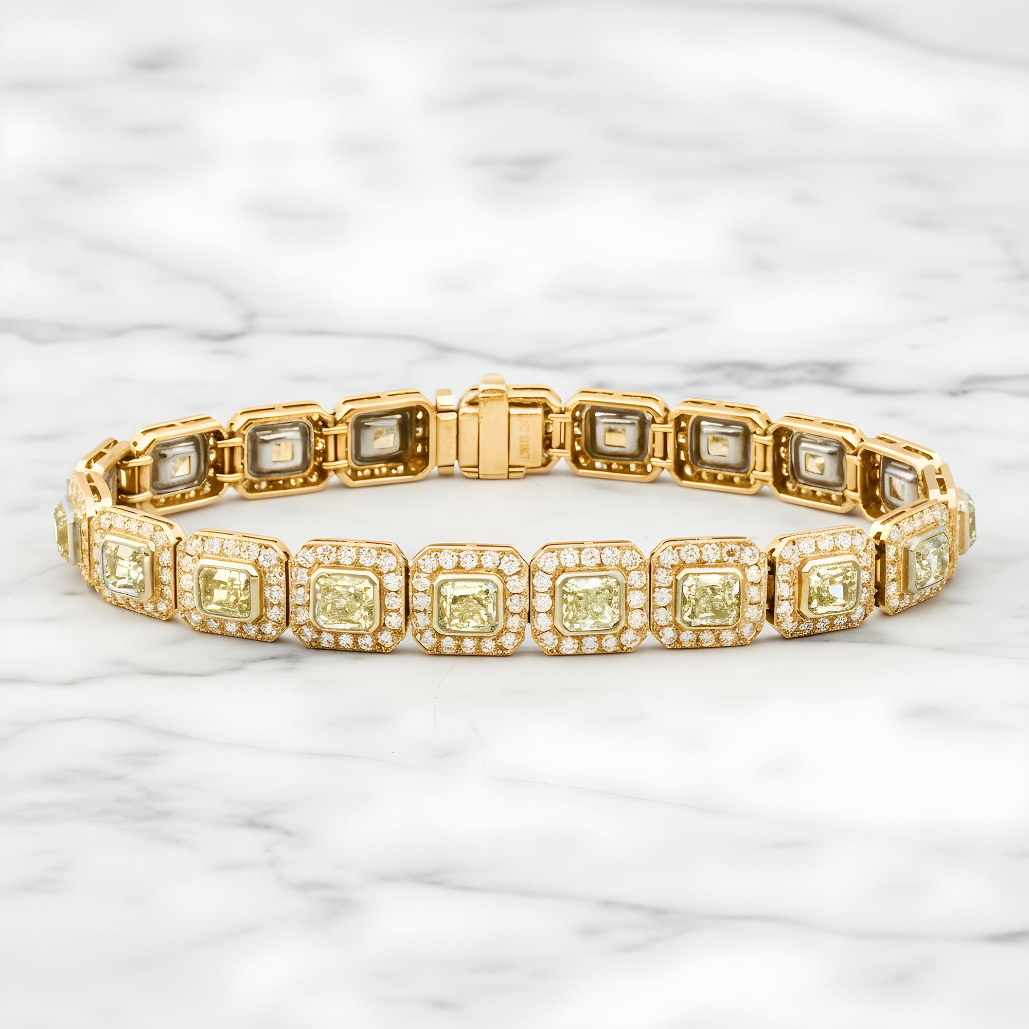 18K Two Tone Radiant Cut Canary Yellow & White Diamond Bracelet 16.68ct