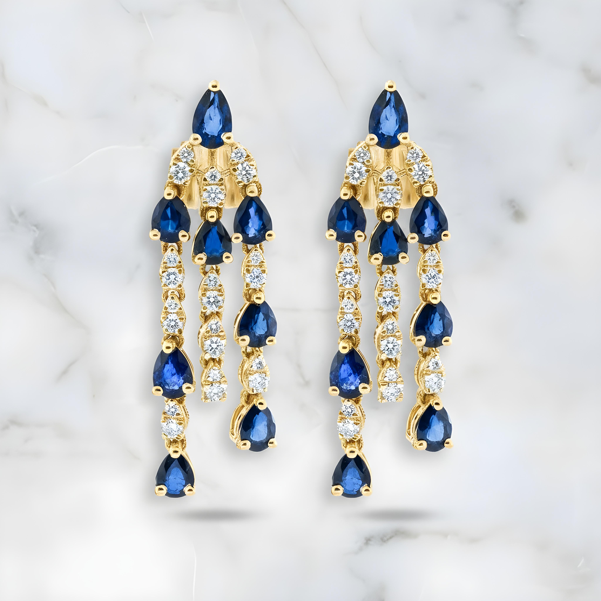 14K White Gold Three Tier Sapphire & Diamond Chandelier Drop Earrings 3.99ctw