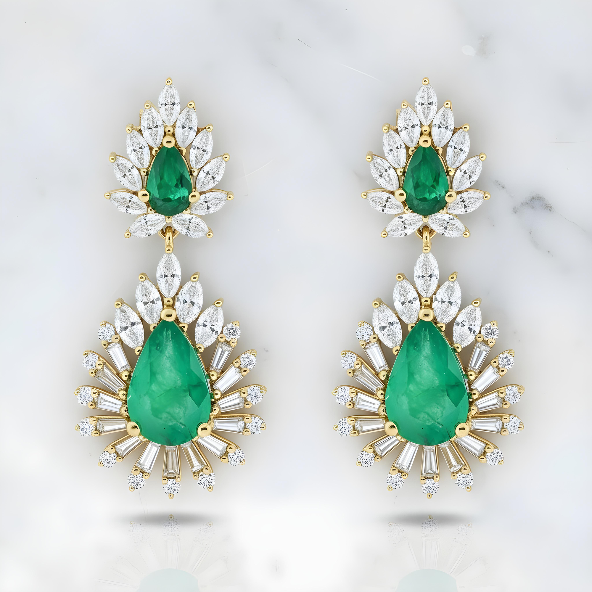 14K White Gold Emerald & Diamond Goddess Drop Earrings 7.41ctw